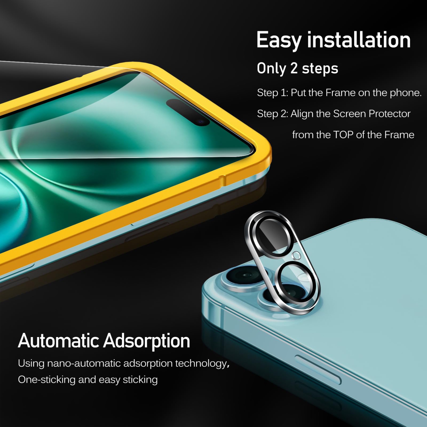 Paquet de 3 protecteurs d'écran en verre trempé pour iPhone 16 plus de 6,7 po avec 3 protecteurs d'objectif pour appareil photo avec cadre Alignment,