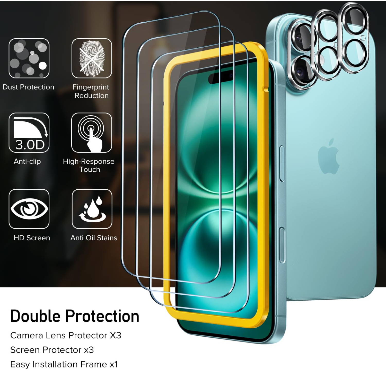 Paquet de 3 protecteurs d'écran en verre trempé pour iPhone 16 plus de 6,7 po avec 3 protecteurs d'objectif pour appareil photo avec cadre Alignment,