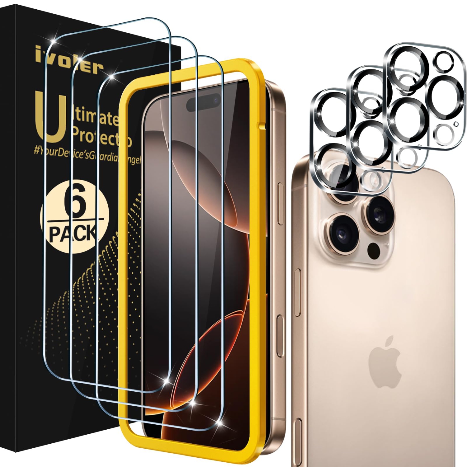 Paquet de 3 protecteurs d'écran en verre trempé pour iPhone 16 Pro de 6,3 po avec 3 protecteurs d'objectif pour appareil photo avec cadre Alignment,