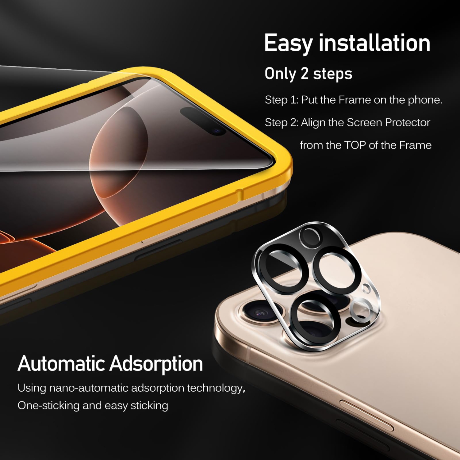 Paquet de 3 protecteurs d'écran en verre trempé pour iPhone 16 Pro de 6,3 po avec 3 protecteurs d'objectif pour appareil photo avec cadre Alignment,