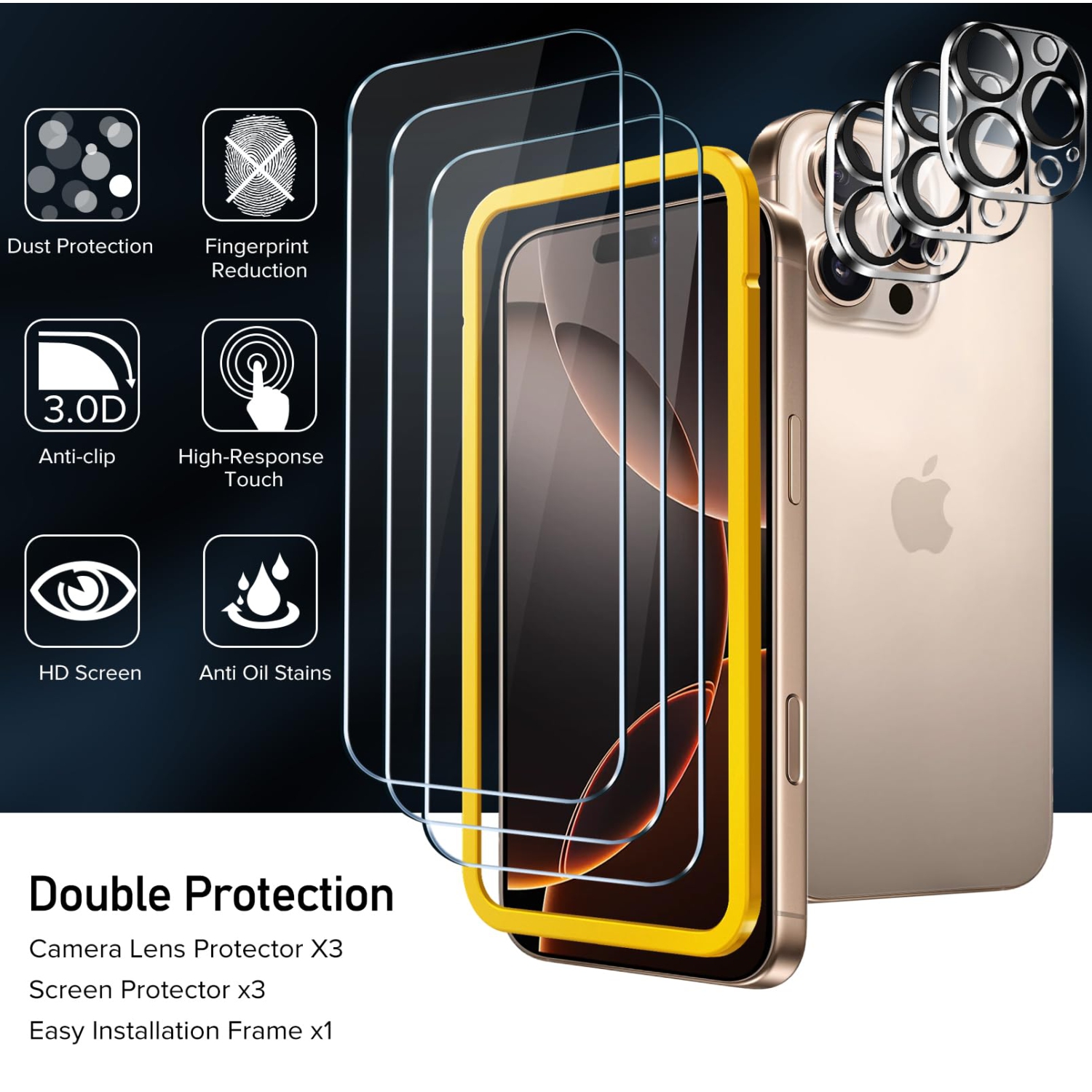 Paquet de 3 protecteurs d'écran en verre trempé pour iPhone 16 Pro de 6,3 po avec 3 protecteurs d'objectif pour appareil photo avec cadre Alignment,
