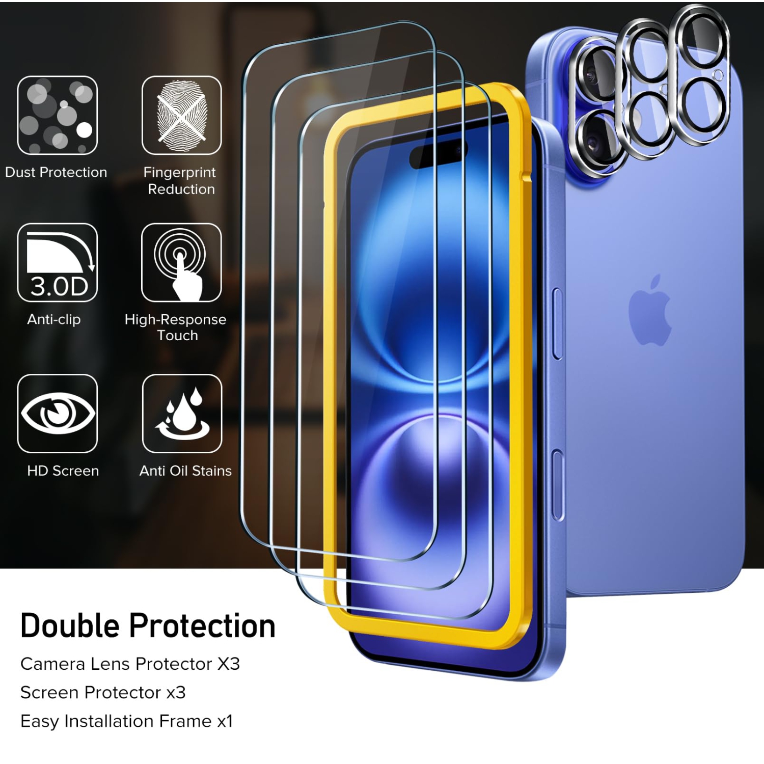 Paquet de 3 protecteurs d'écran en verre trempé pour iPhone 16 de 6,1 po avec 3 protecteurs d'objectif pour appareil photo avec cadre Alignment, étui