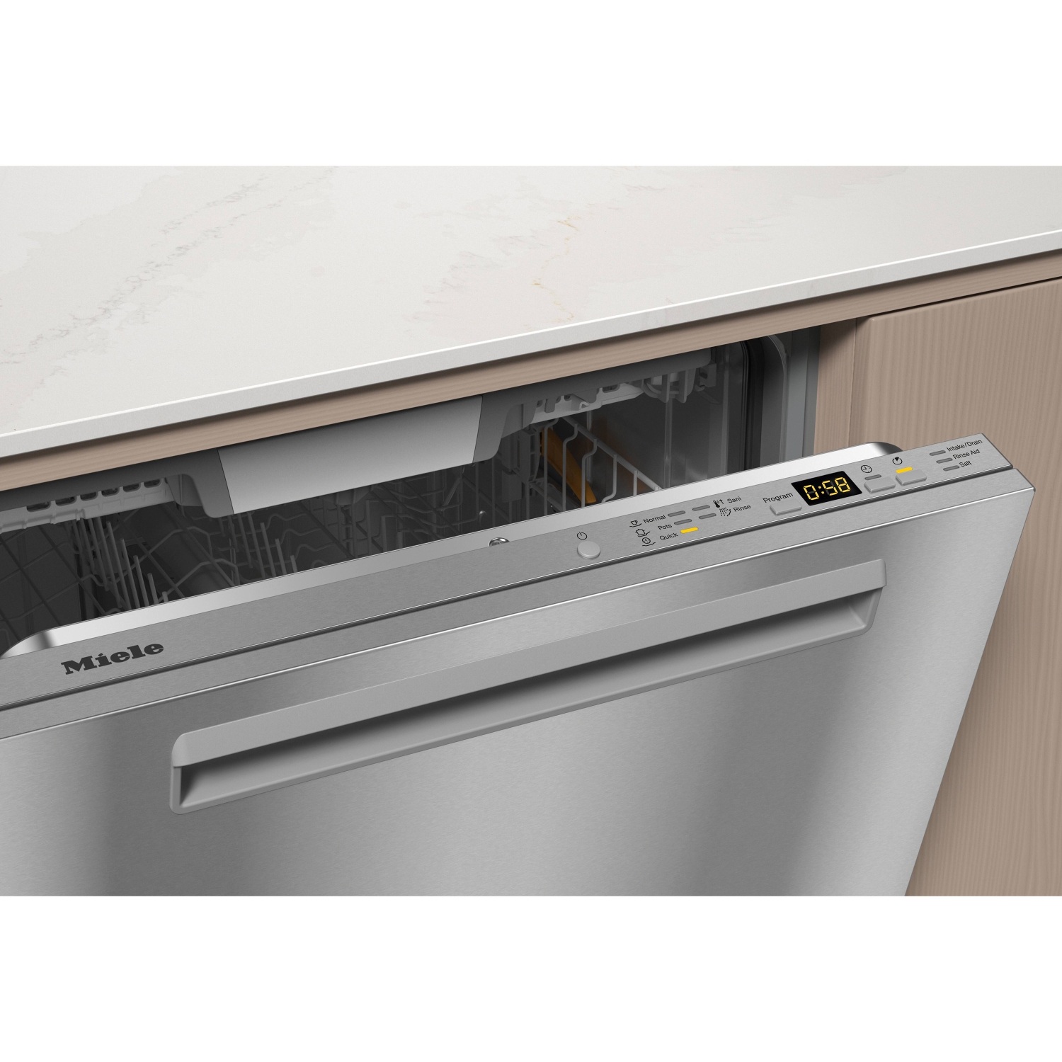 Lave-vaisselle entièrement intégré de Miele avec plateau à couverts - garniture en acier CleanTouch - poignée encastrée