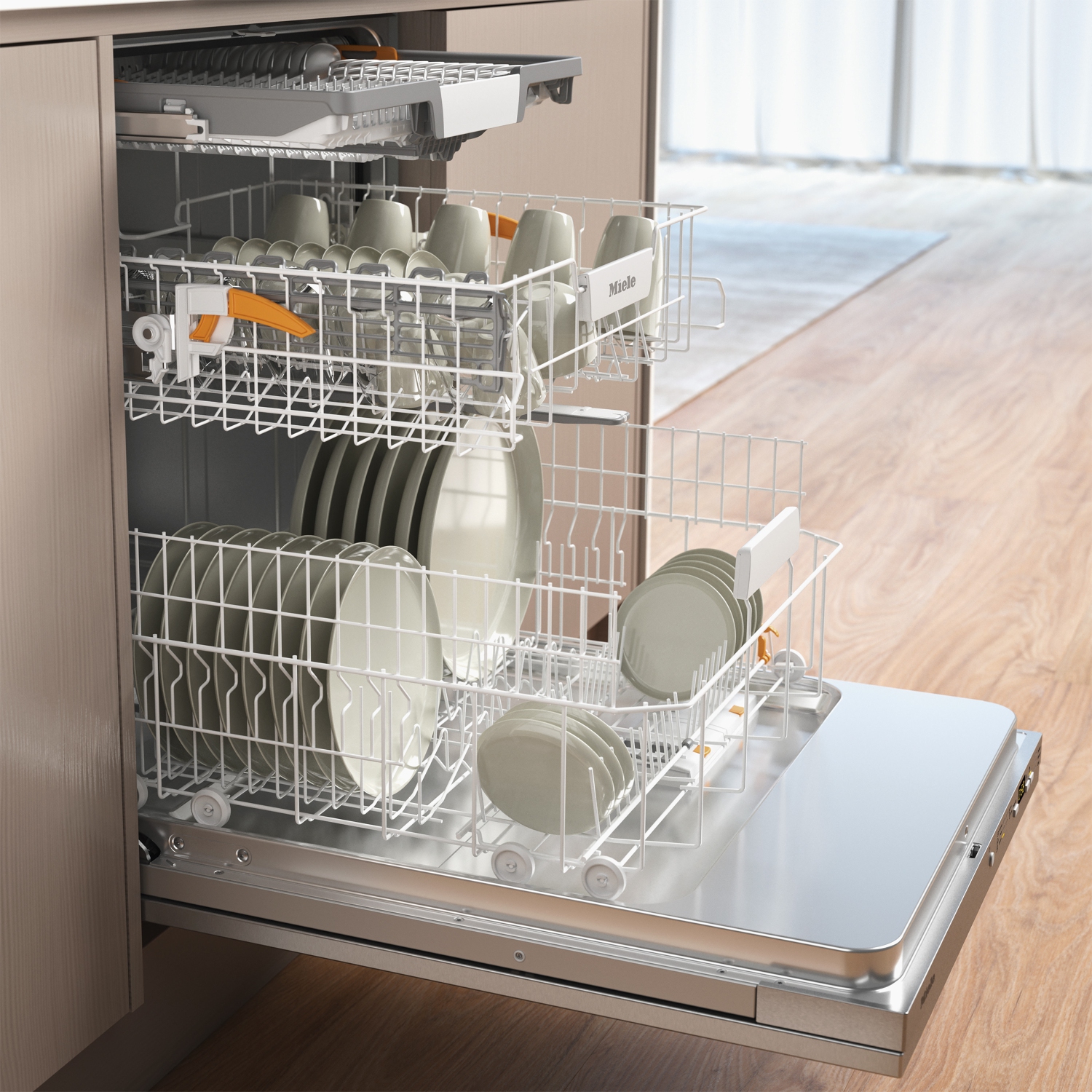 Lave-vaisselle entièrement intégré de Miele avec plateau à couverts - garniture en acier CleanTouch - poignée encastrée