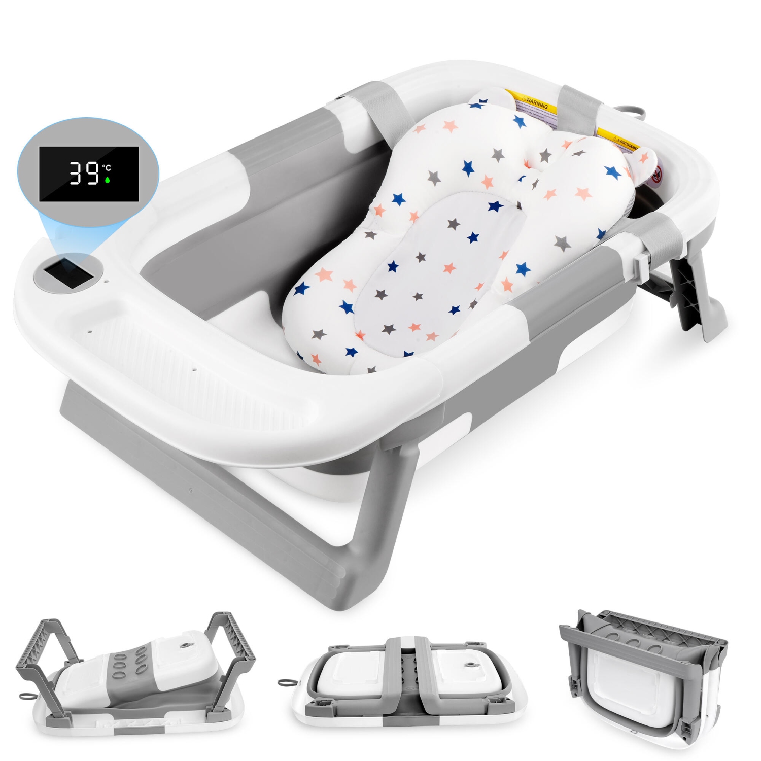 Baignoire pliable pour bébé avec coussin de soutien doux et capteur de température, bassin de douche portatif antidérapant