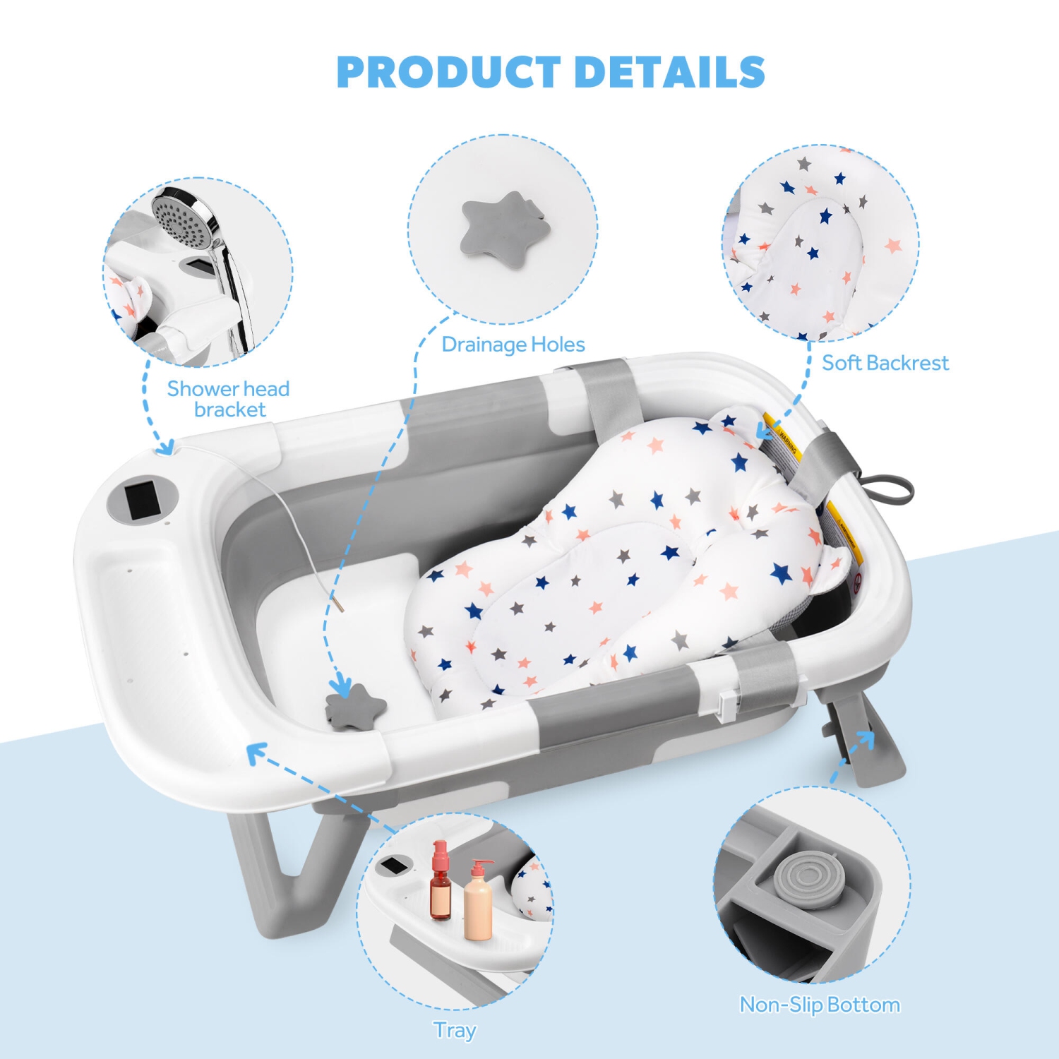 Baignoire pliable pour bébé avec coussin de soutien doux et capteur de température, bassin de douche portatif antidérapant