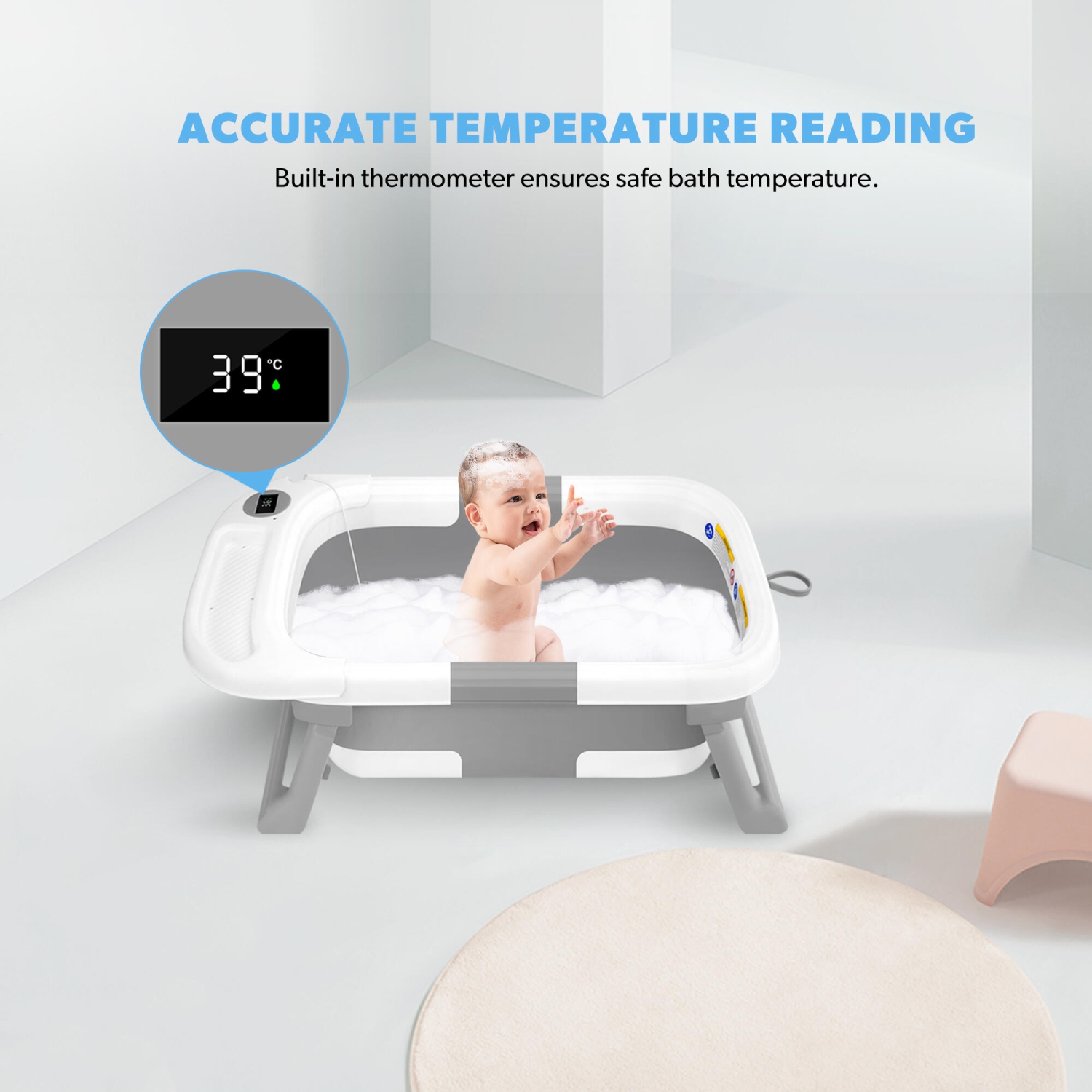 Baignoire pliable pour bébé avec coussin de soutien doux et capteur de température, bassin de douche portatif antidérapant