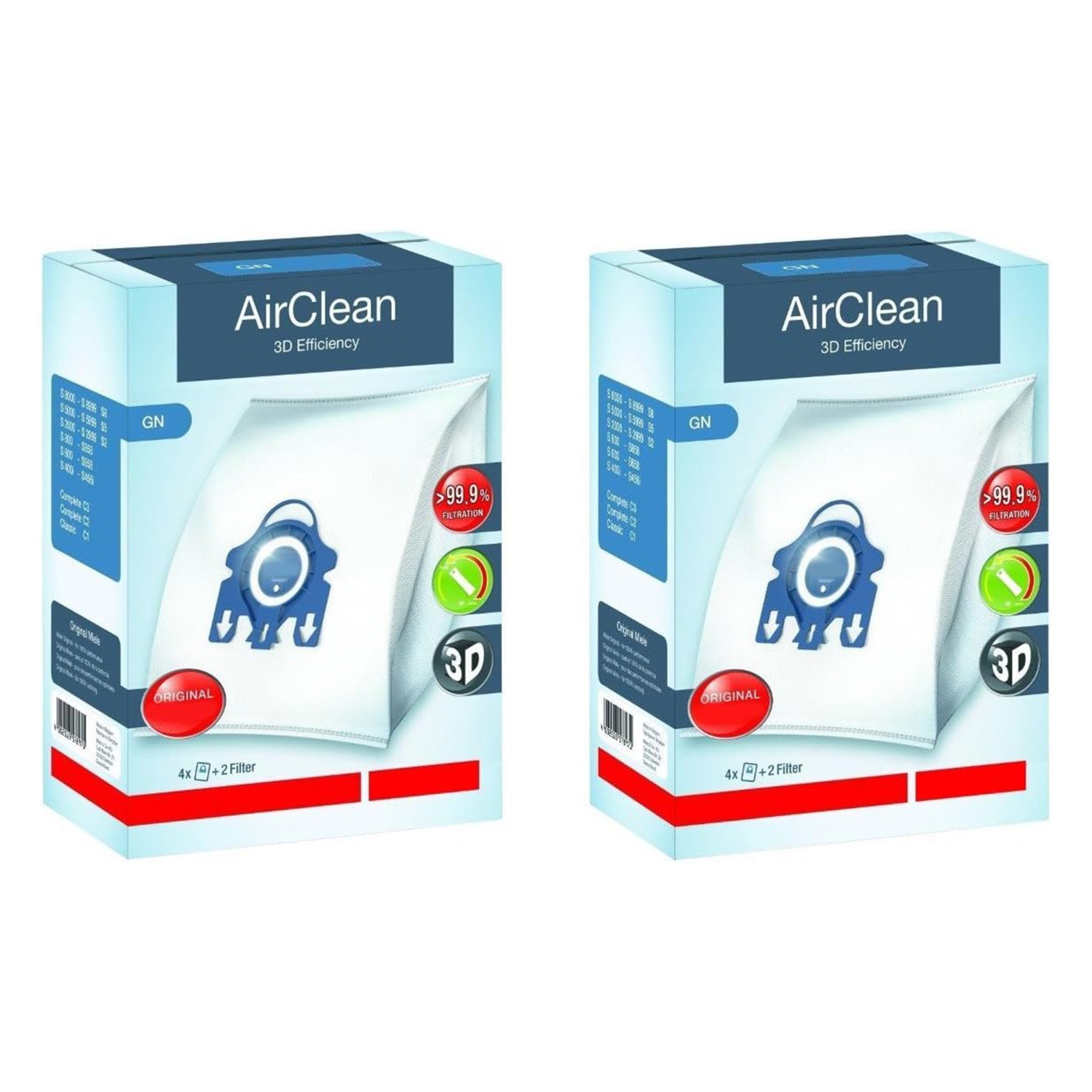 Sacs à poussière d'efficacité GN AirClean 3D de Miele pour aspirateurs de Miele, 2 boîtes de 4 sacs et 2 filtres