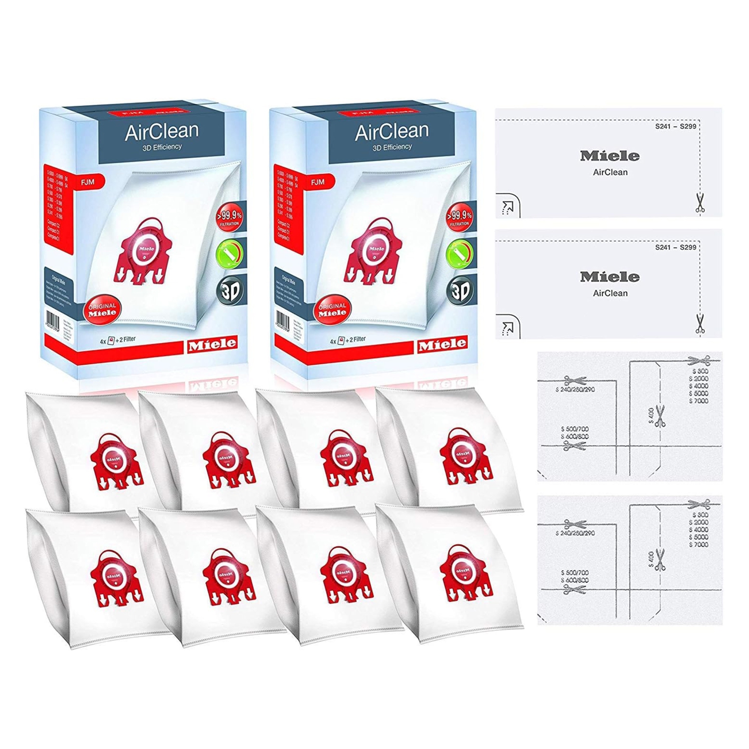 Miele FJM AirClean 3D Efficiency Vacuum Cleaner Bags - 2 Boxes - Includes 8 Genuine Airclean GN Bags + 2 Genuine Super Air Clean Filter + 2 Genuine