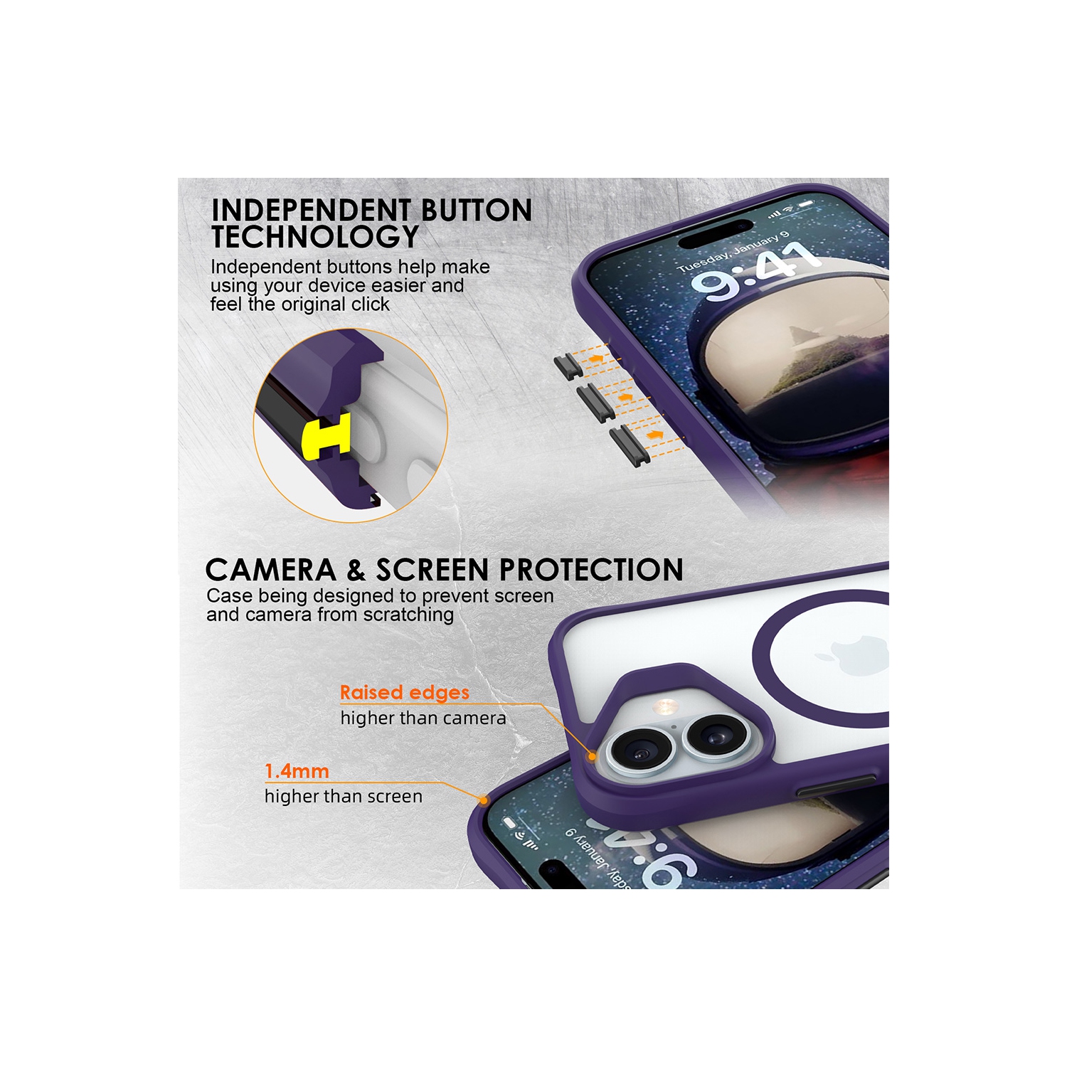 Uolo – Étui rigide Soul+ iPhone 16 avec protection de qualité militaire contre les chutes [MagSafe], violet