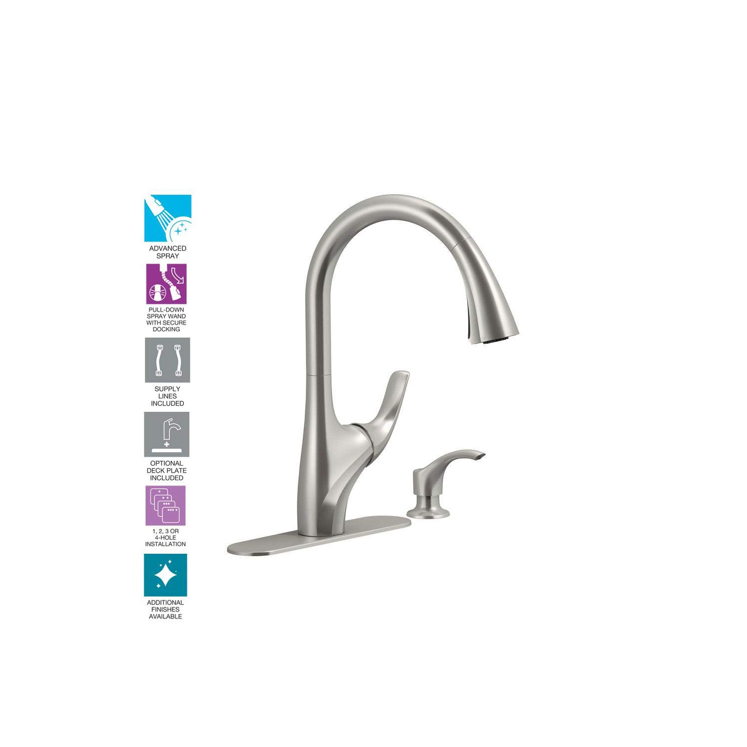 Robinet d'évier Kohler K-R18594-SD-VS Trielle, acier inoxydable éclatant