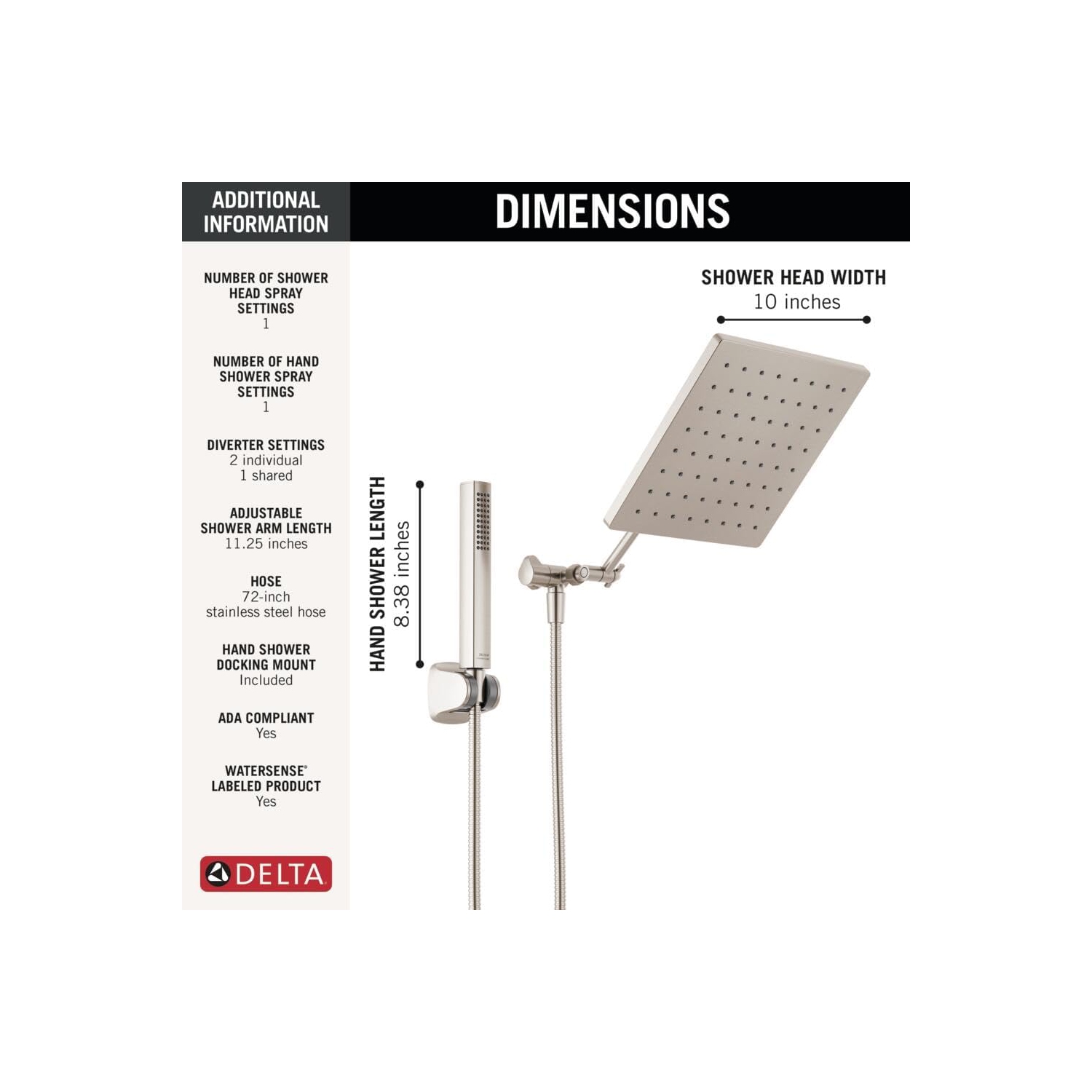 Delta Faucet 10-inch Raincan Shower Head and Hand Held Shower Combo, Brushed Nickel Square Shower Head