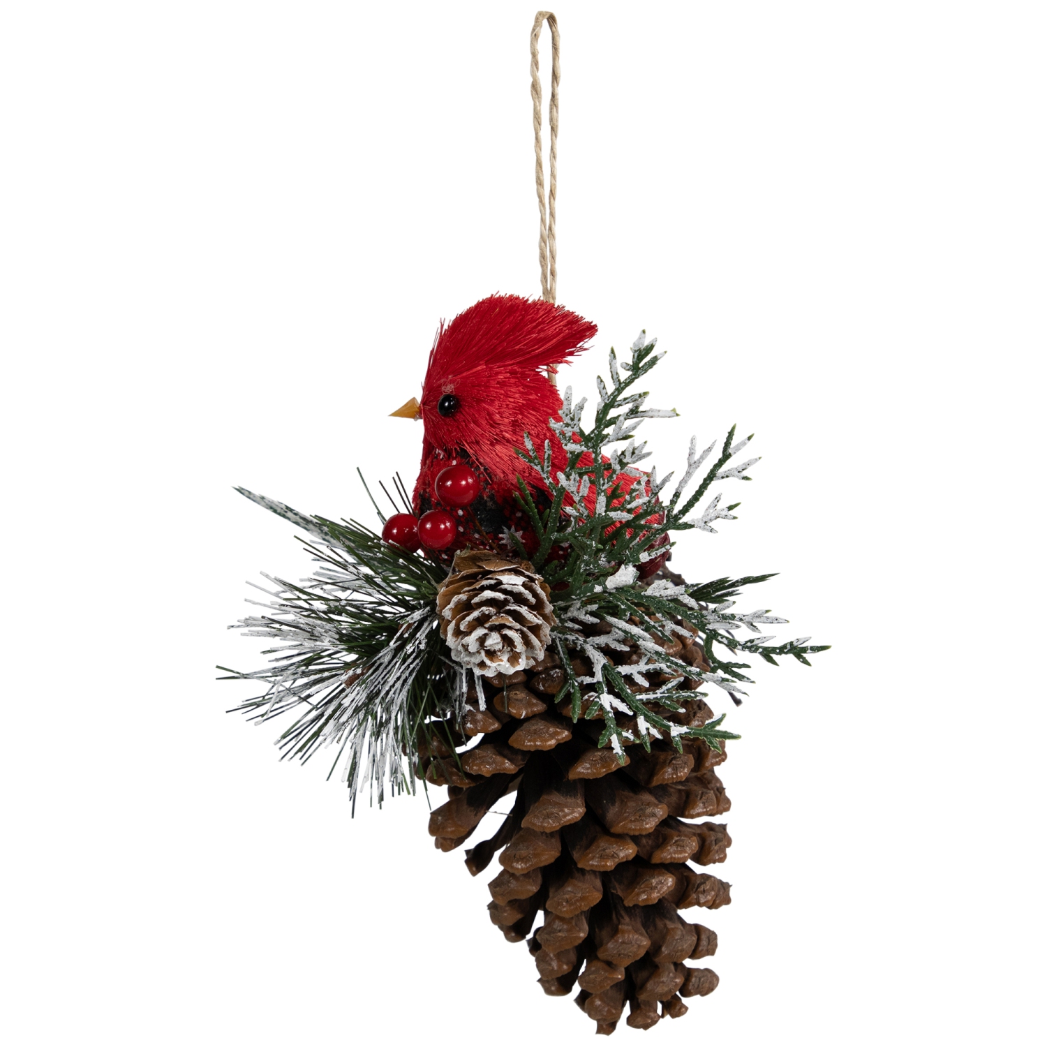 Woodland Cardinal Bird Perched on a Pinecone Frosted Christmas Ornament - 6.75"