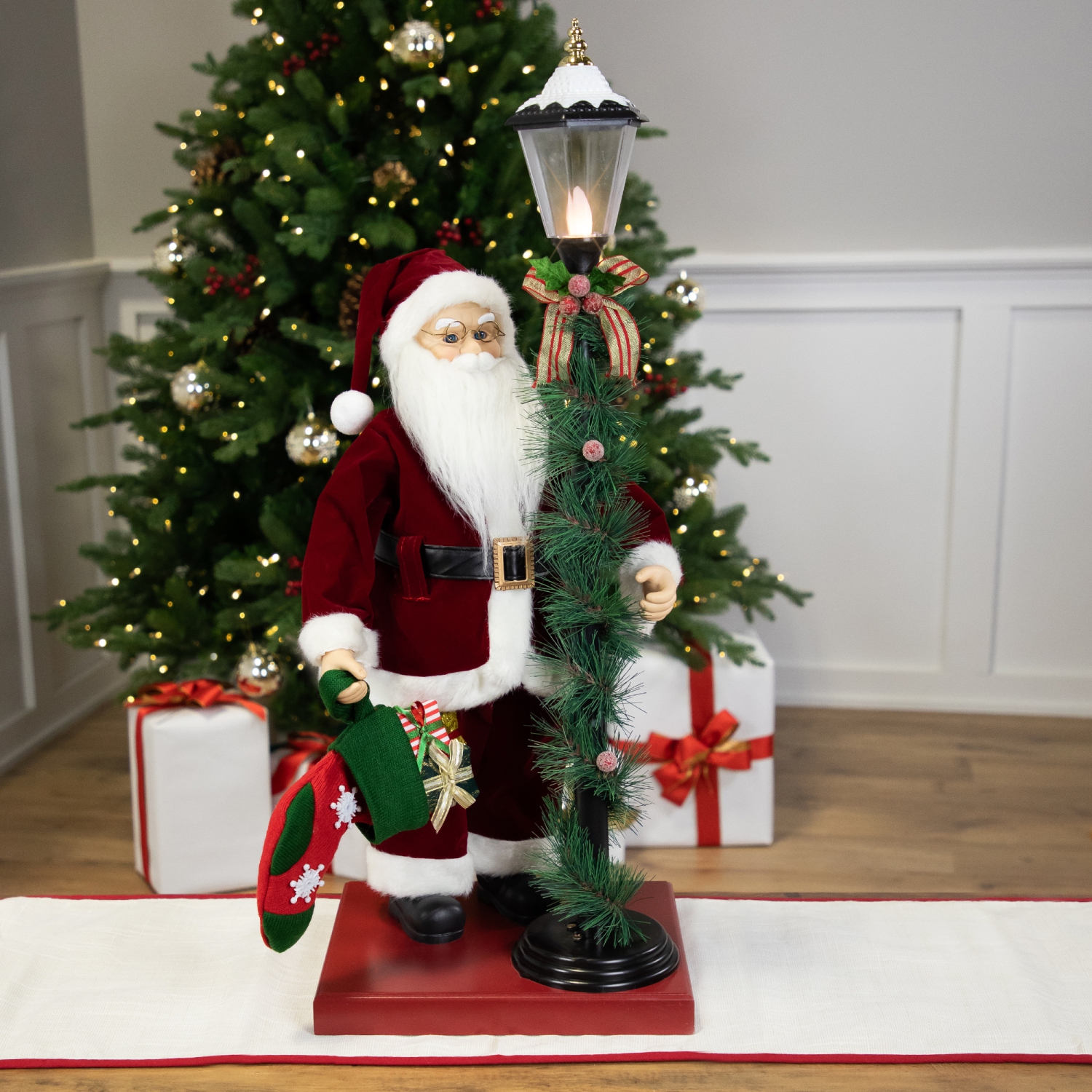 Animated and Musical Santa Claus Figure with Lighted Lamppost and Christmas Stocking - 31"