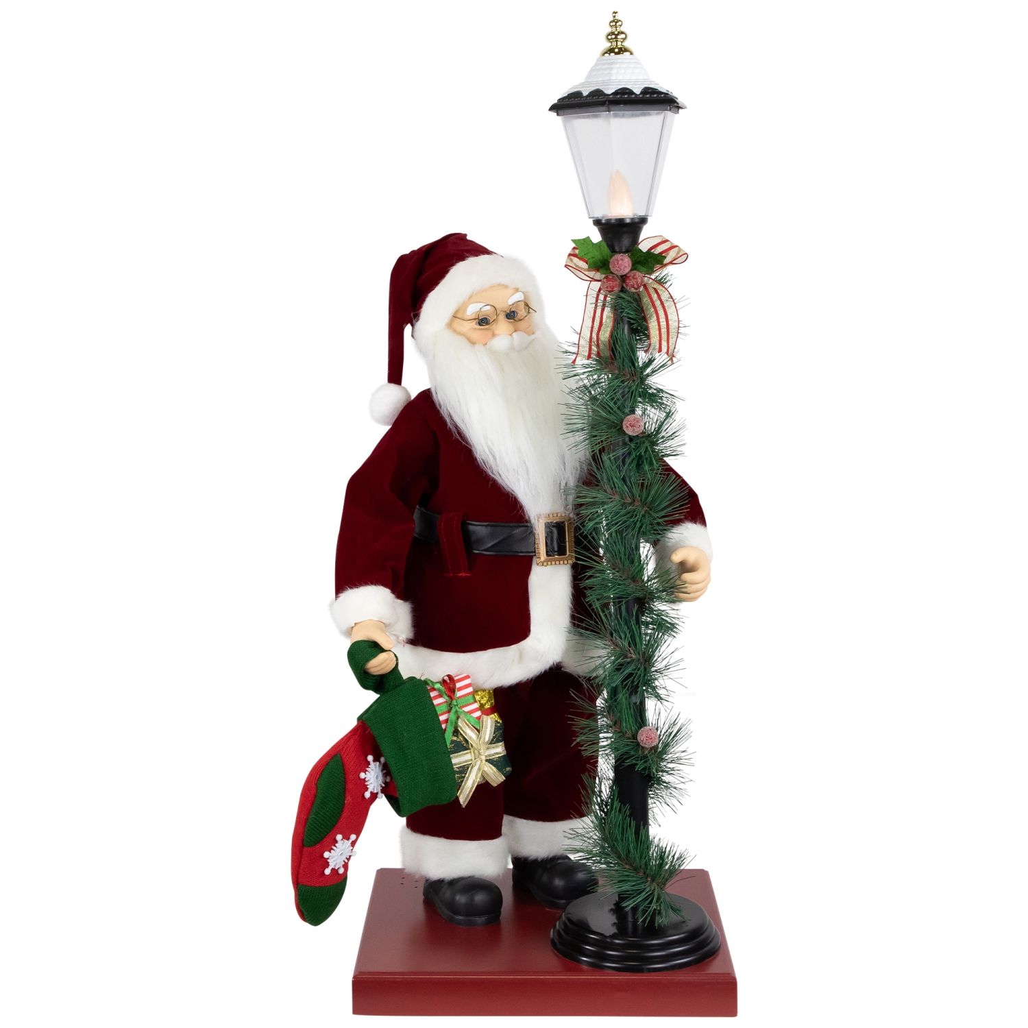 Animated and Musical Santa Claus Figure with Lighted Lamppost and Christmas Stocking - 31"