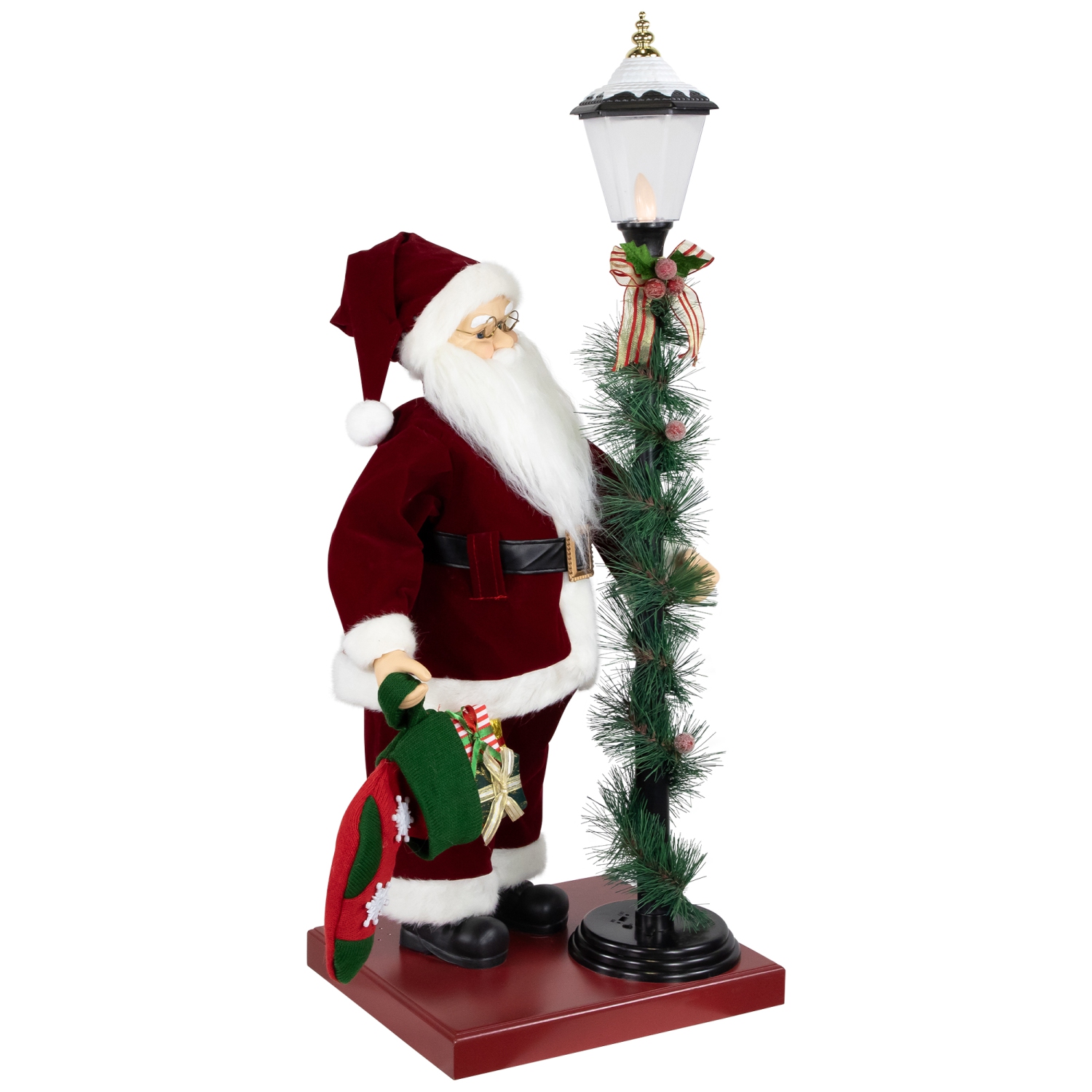 Animated and Musical Santa Claus Figure with Lighted Lamppost and Christmas Stocking - 31"