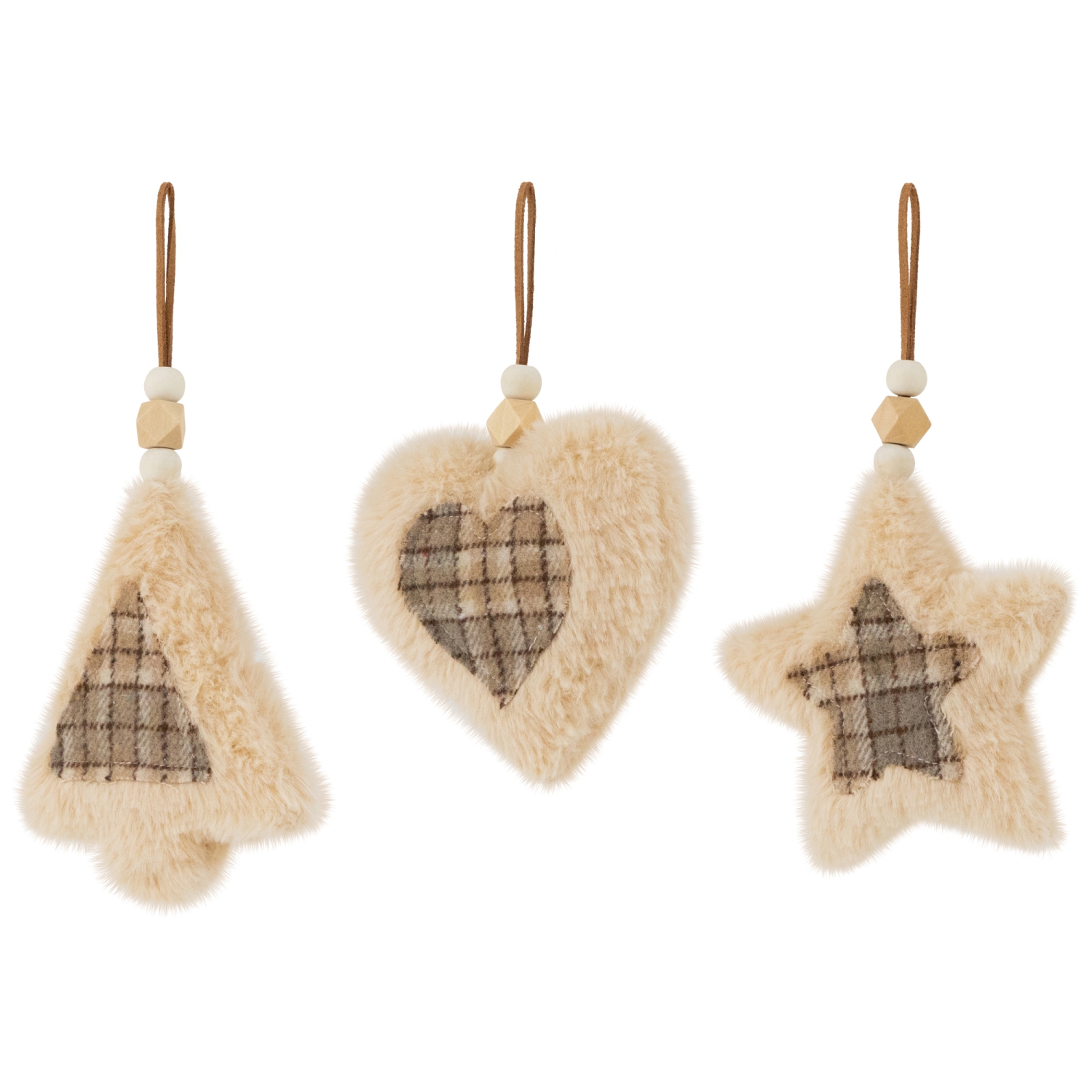 Plush Tree Star and Heart Shaped Plaid Christmas Ornaments - 4.5" - Tan - Set of 3