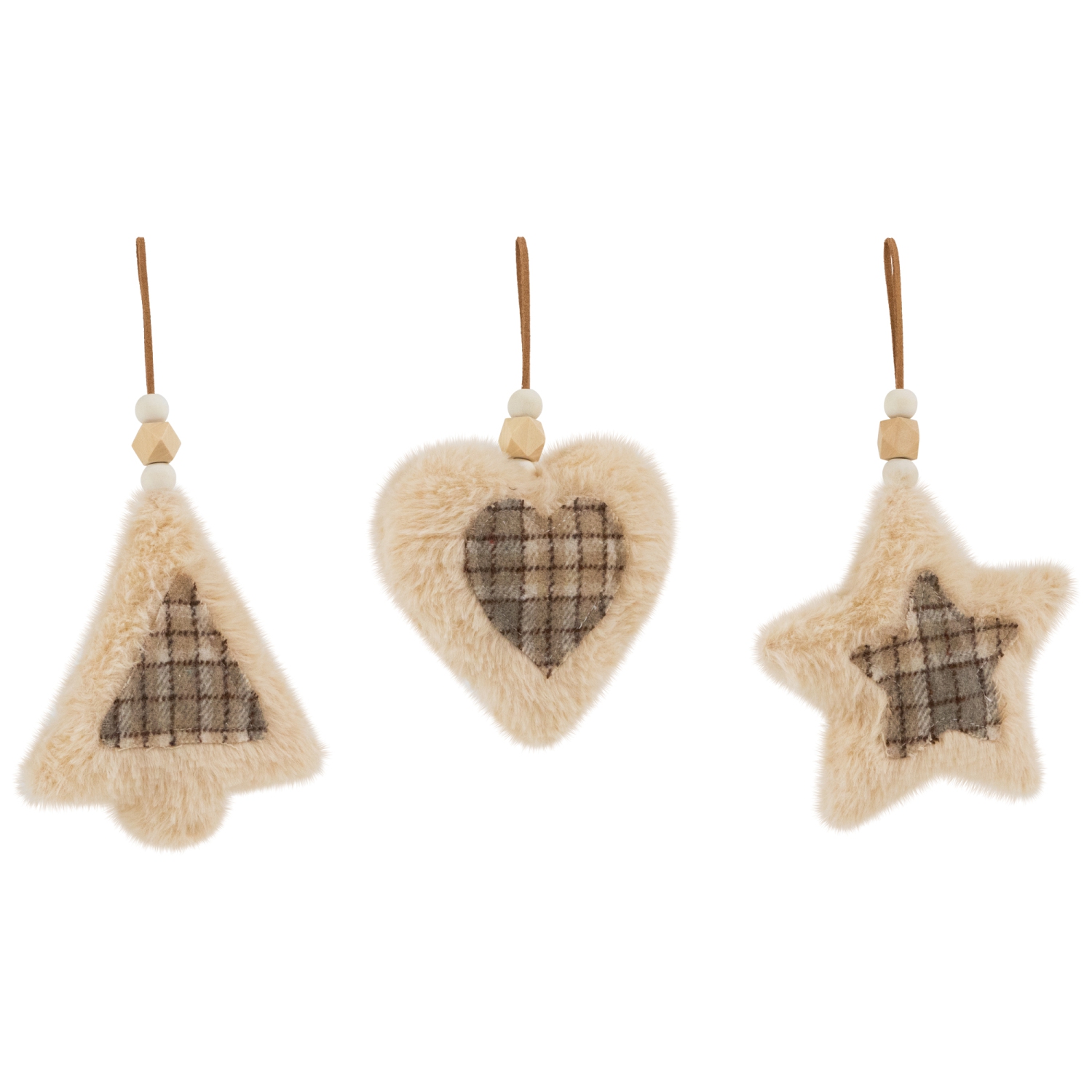 Plush Tree Star and Heart Shaped Plaid Christmas Ornaments - 4.5" - Tan - Set of 3