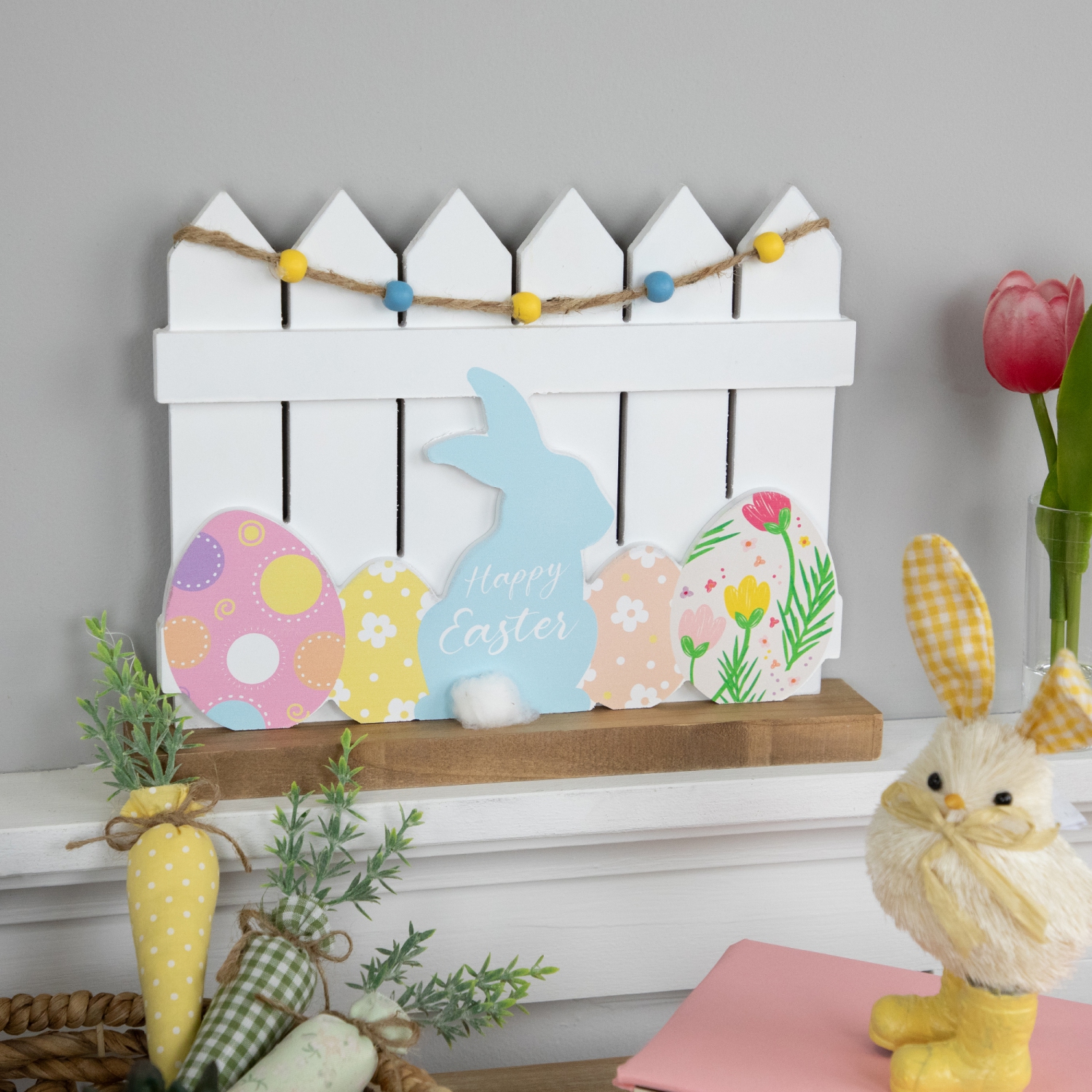 Happy Easter Bunny with Picket Fence Decoration - 11.75"