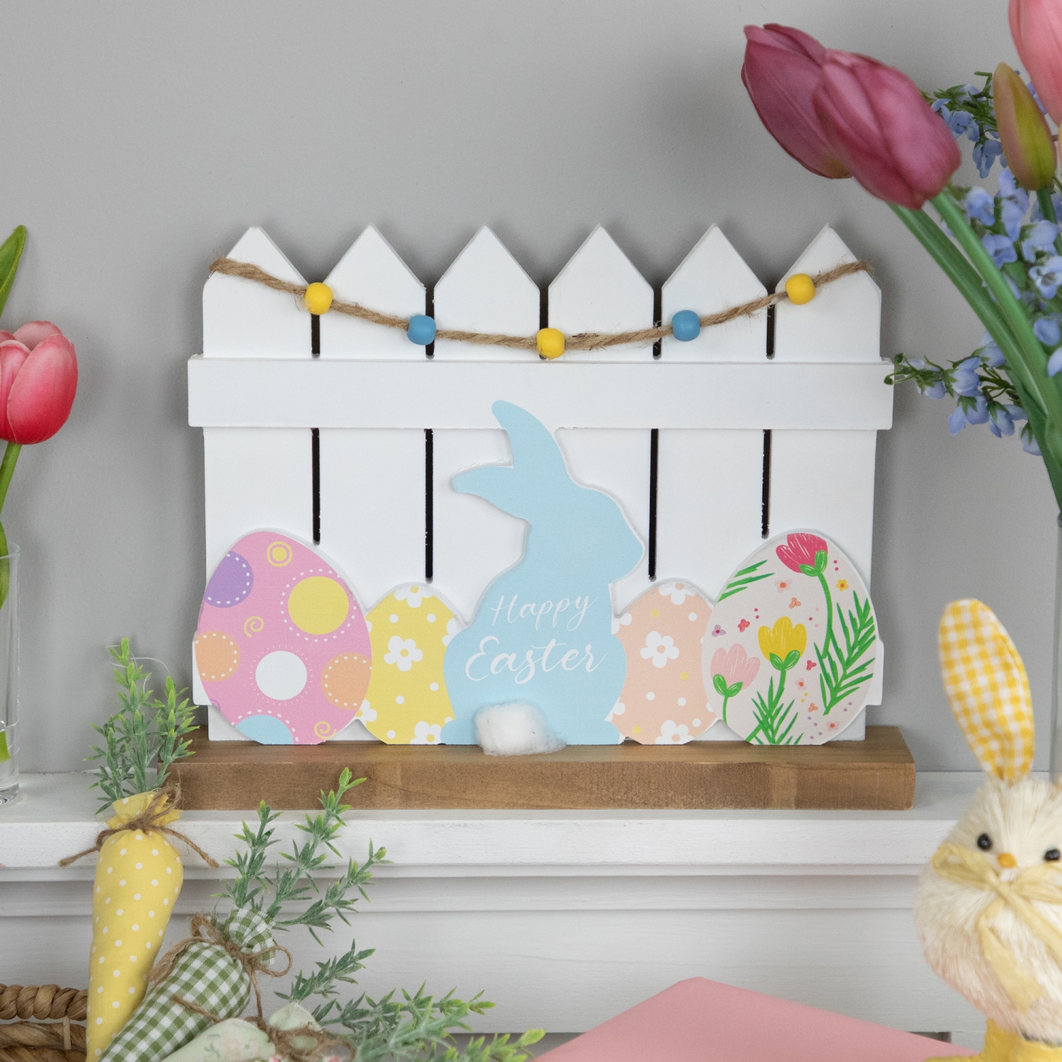 Happy Easter Bunny with Picket Fence Decoration - 11.75"