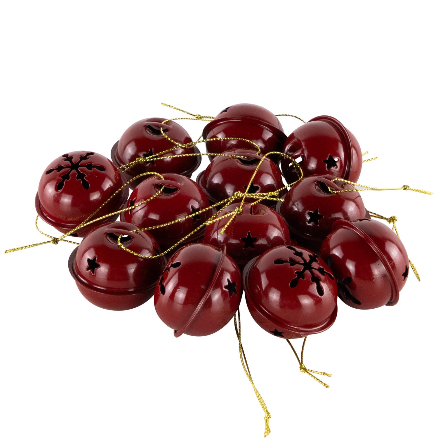 Snowflakes and Stars Christmas Jingle Bell Ornaments - 1.5" - Burgundy - 12ct