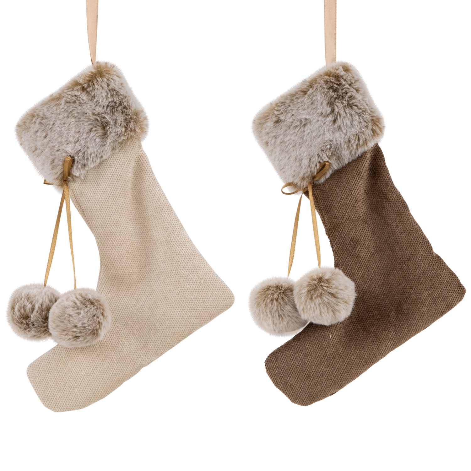 Plush Stockings Christmas Ornaments - 7.5" - Beige and Brown - Set of 2