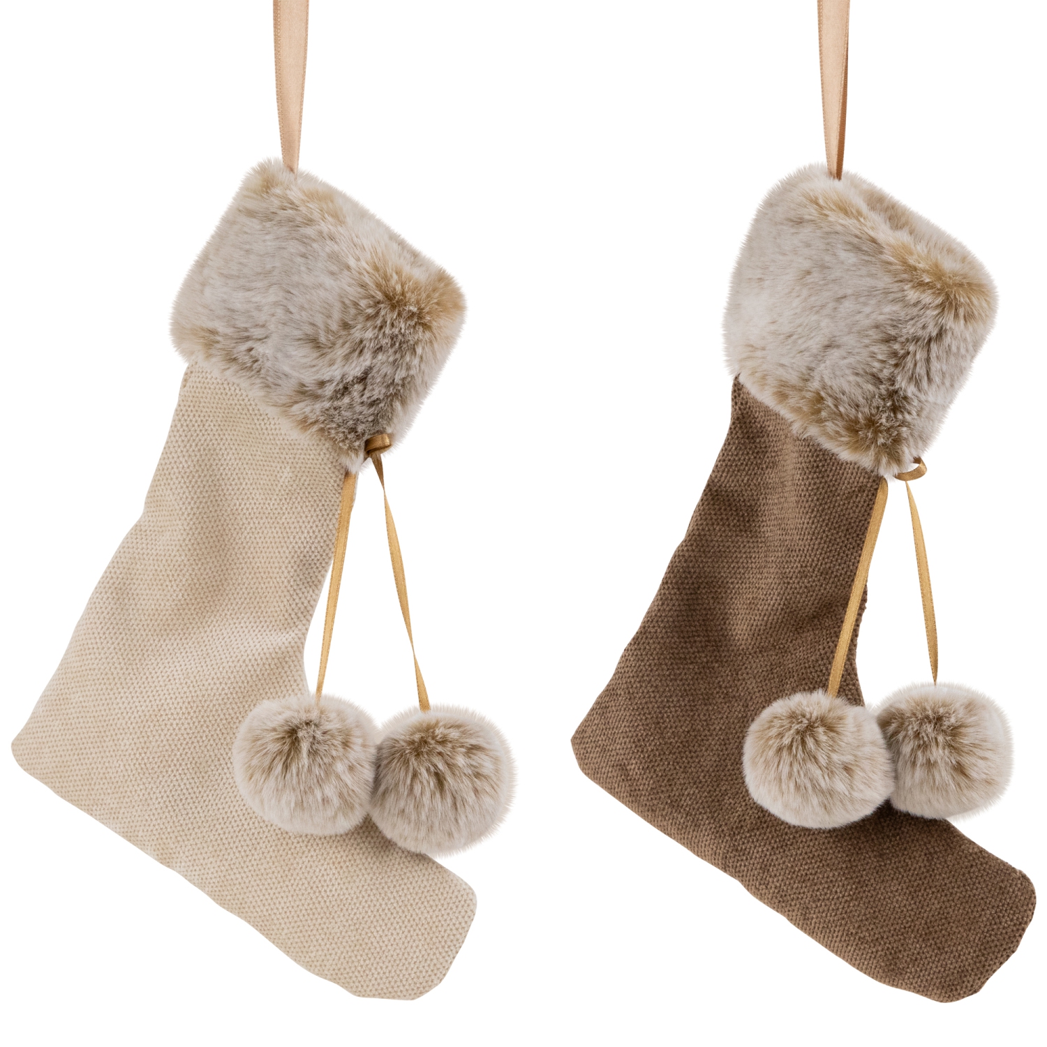 Plush Stockings Christmas Ornaments - 7.5" - Beige and Brown - Set of 2