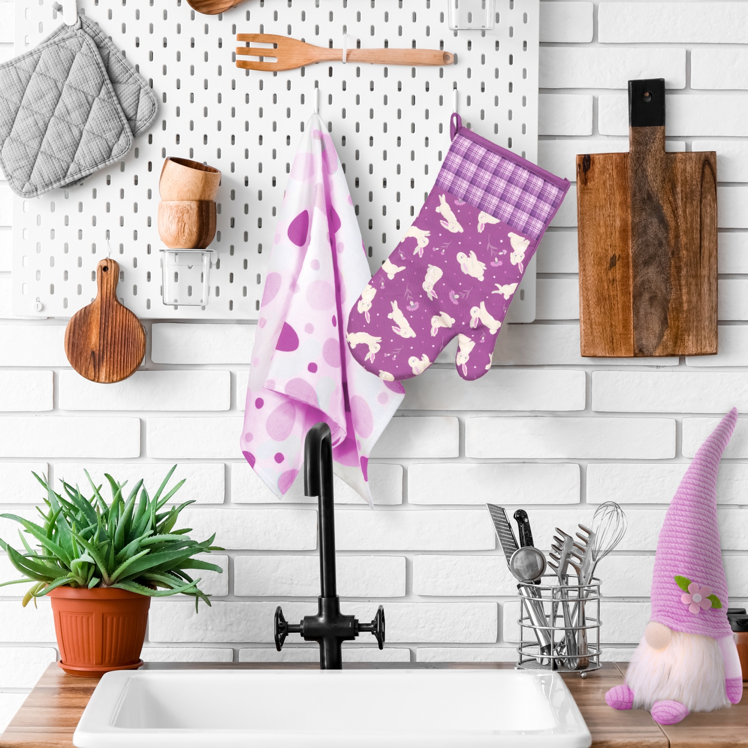 Mitaines de four à carreaux de Pâques à motif de lapin - 13,75 po - Violet - Ensemble de 2