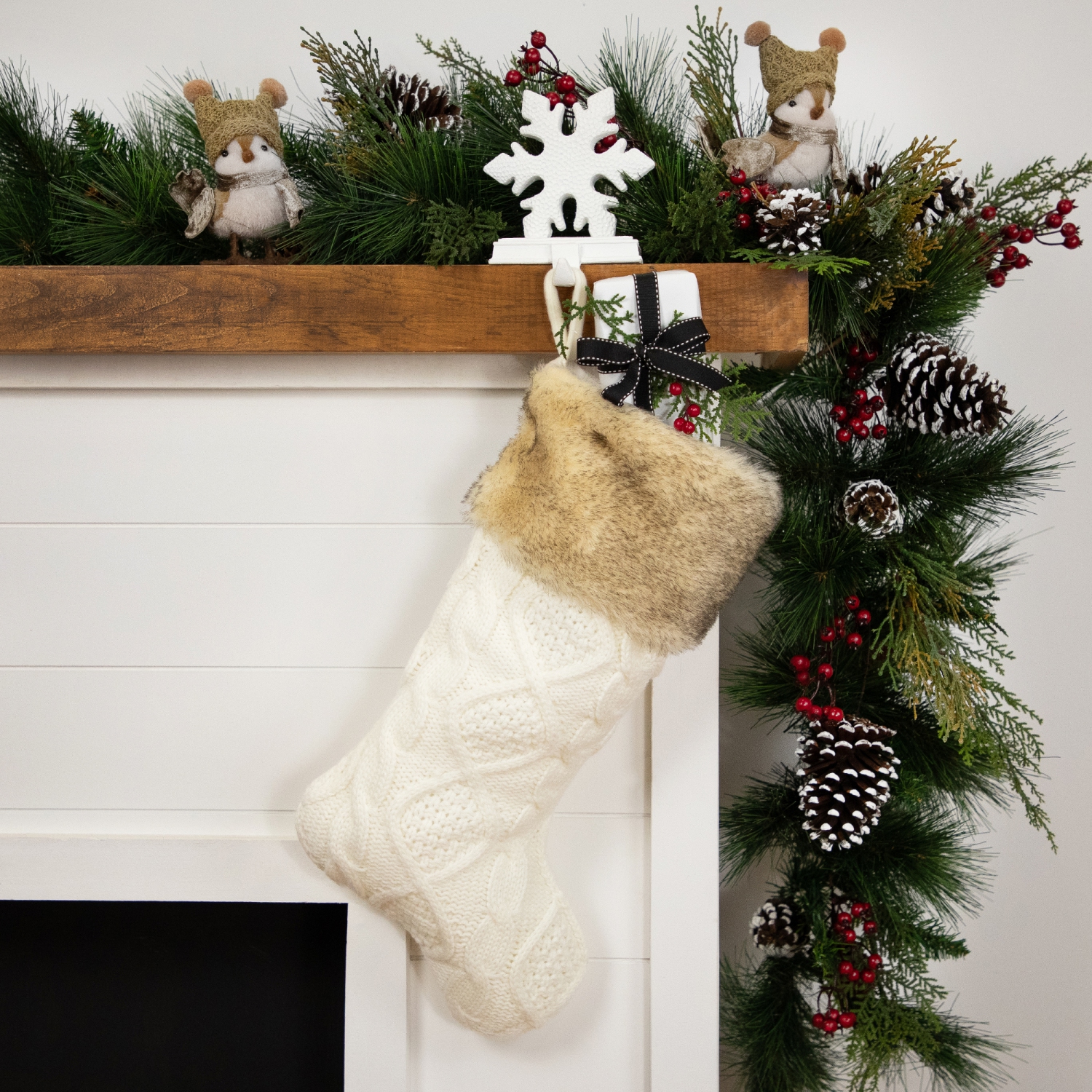 Cable Knit Christmas Stocking with Faux Fur Cuff - 20.5" - Cream and Beige