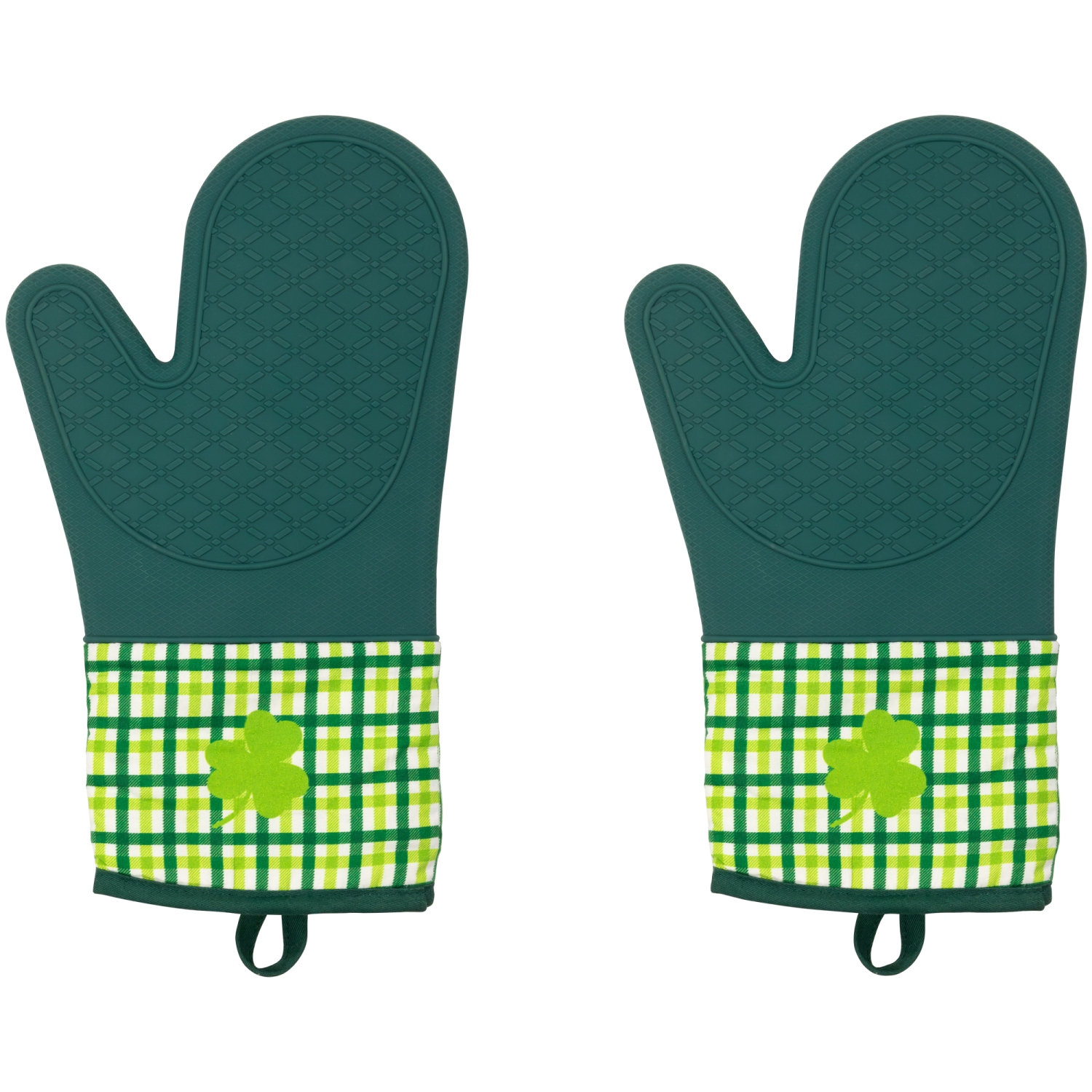Plaid Shamrock St. Patrick's Day Kitchen Oven Mitts - 12.5" - Green - Set of 2