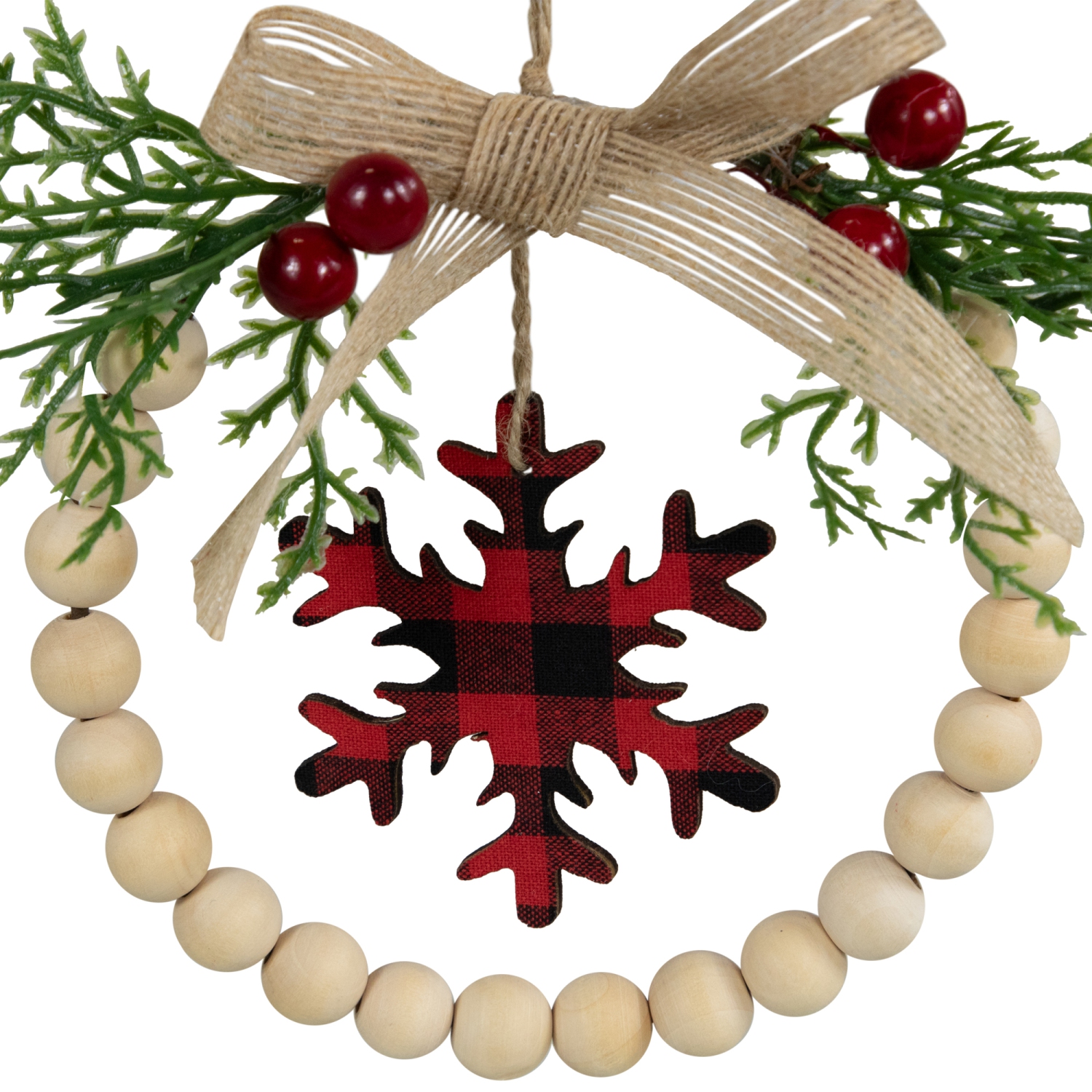 Buffalo Plaid Snowflake Wooden Beads Christmas Wreath Ornament - 7"