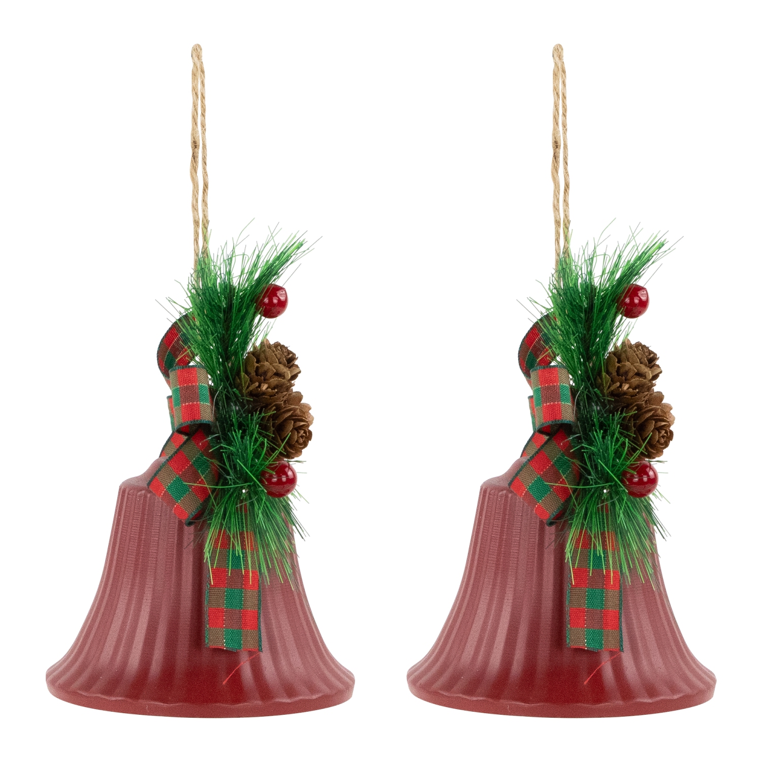 Bells with Pine Sprigs and Bow Christmas Ornaments- 7" - Red - Set of 2