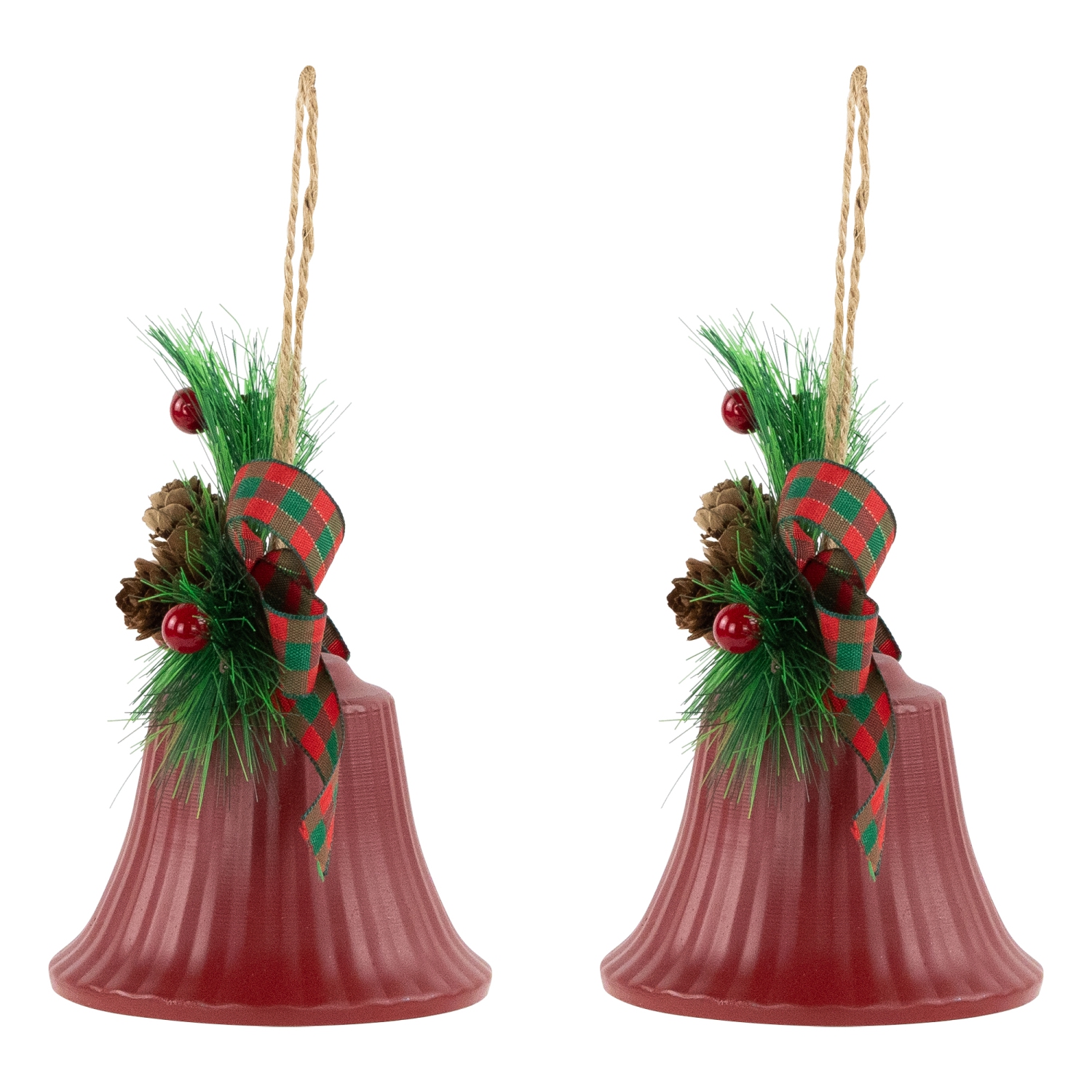 Bells with Pine Sprigs and Bow Christmas Ornaments- 7" - Red - Set of 2