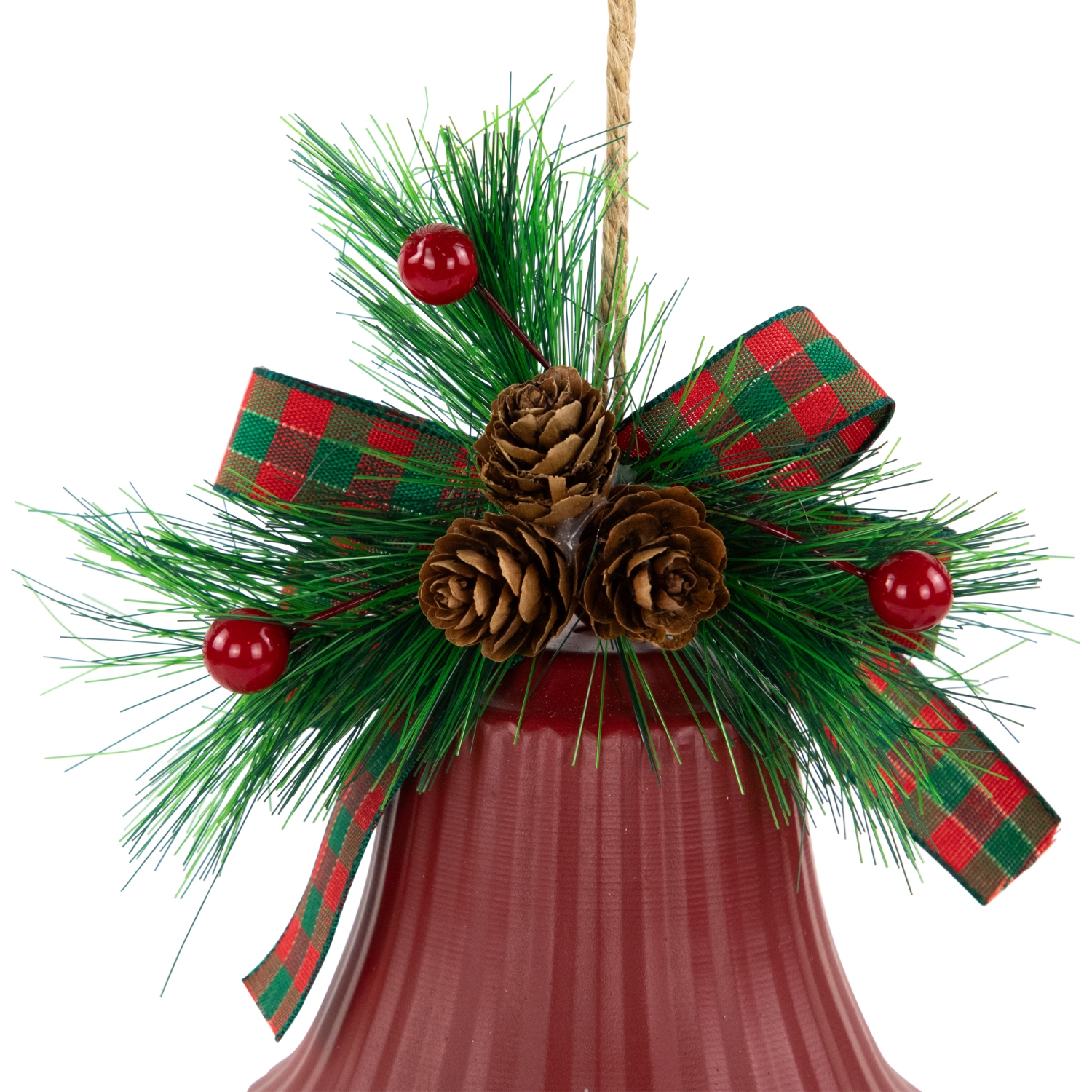 Bells with Pine Sprigs and Bow Christmas Ornaments- 7" - Red - Set of 2
