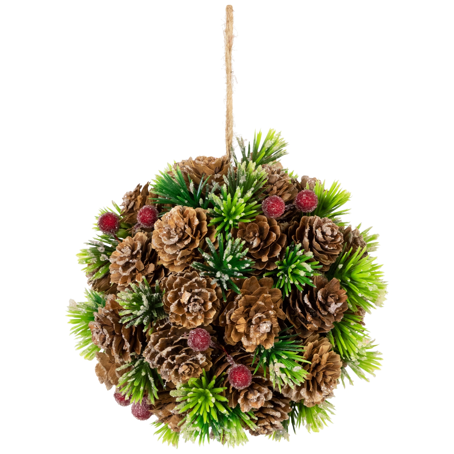 Pinecones, Berries and Pine Sprigs Frosted Christmas Ball Ornament - 5"