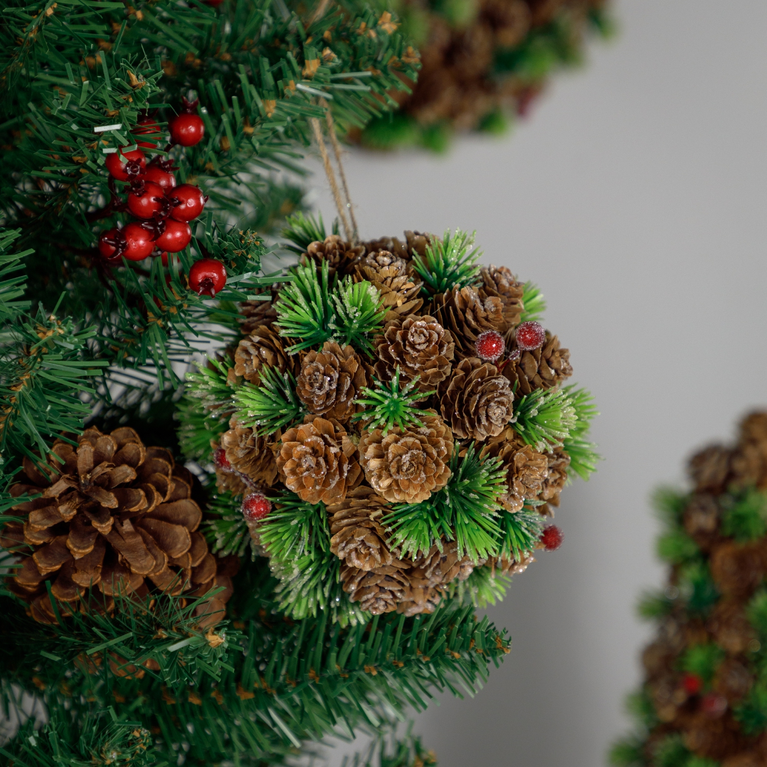 Pinecones, Berries and Pine Sprigs Frosted Christmas Ball Ornament - 5"