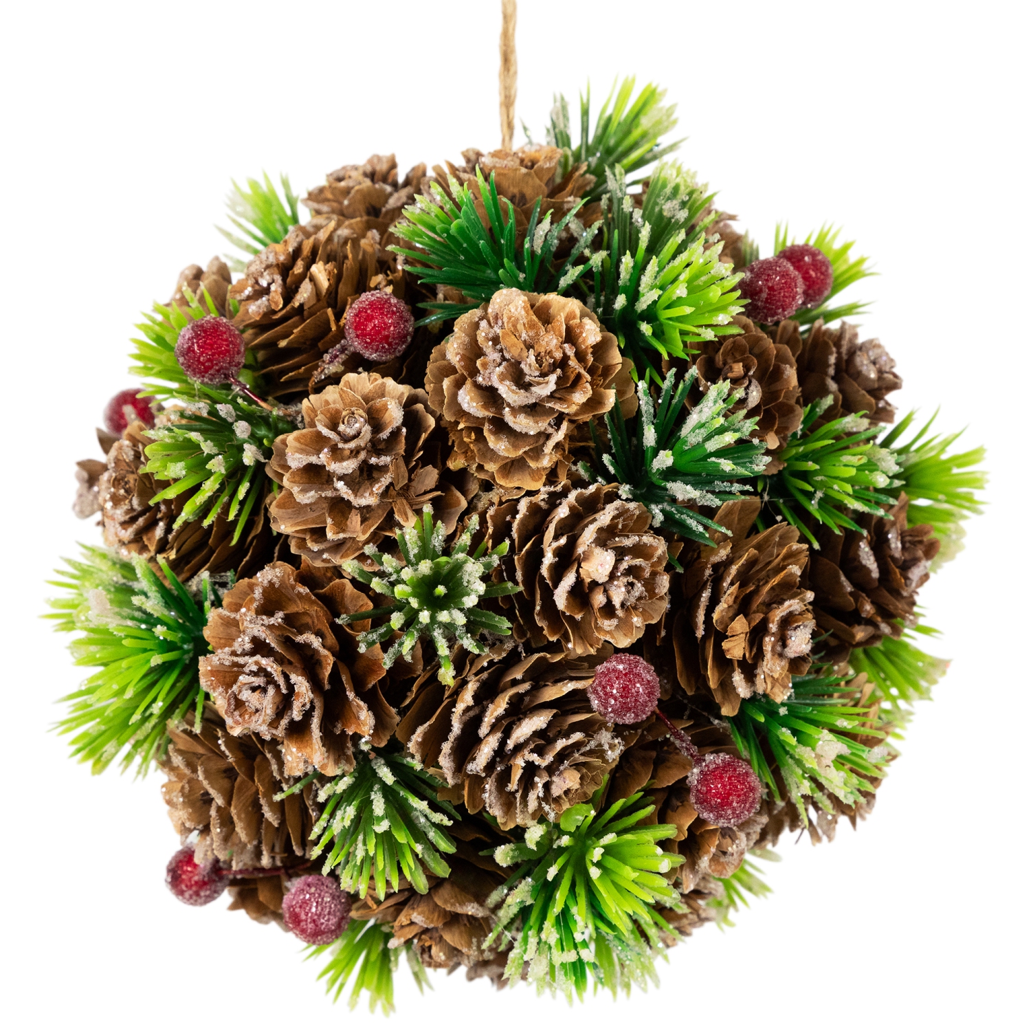 Pinecones, Berries and Pine Sprigs Frosted Christmas Ball Ornament - 5"
