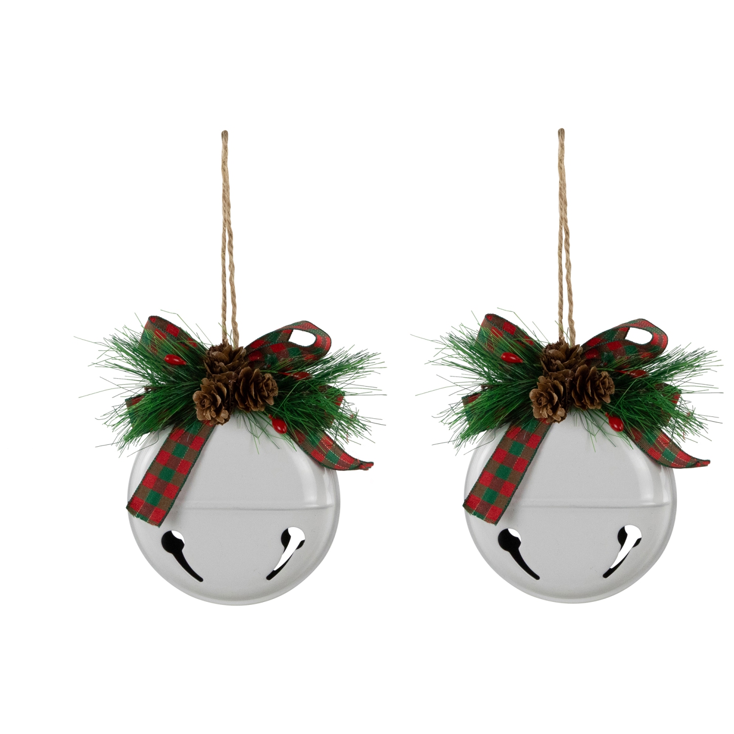 Jingle Bells with Pinecone Bows Disc Christmas Ornaments - 5" - White - Set of 2