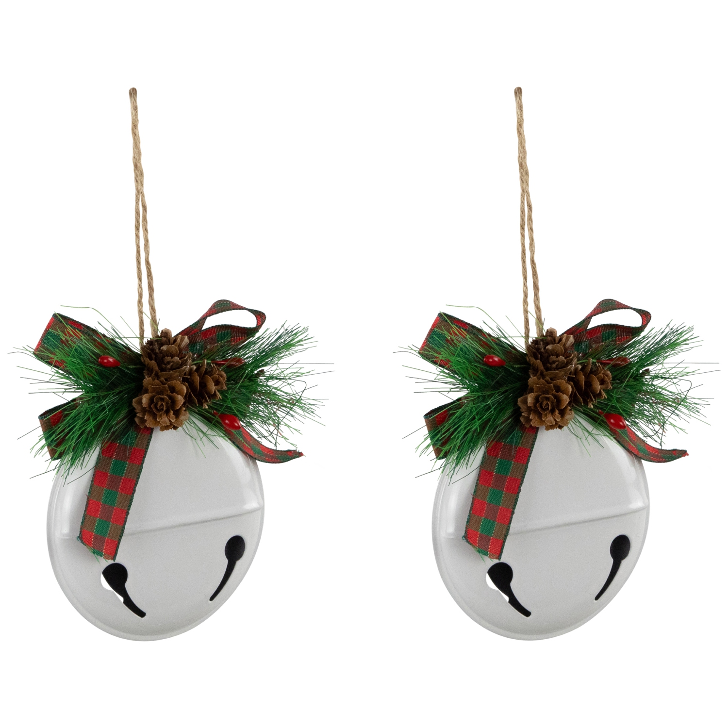 Jingle Bells with Pinecone Bows Disc Christmas Ornaments - 5" - White - Set of 2