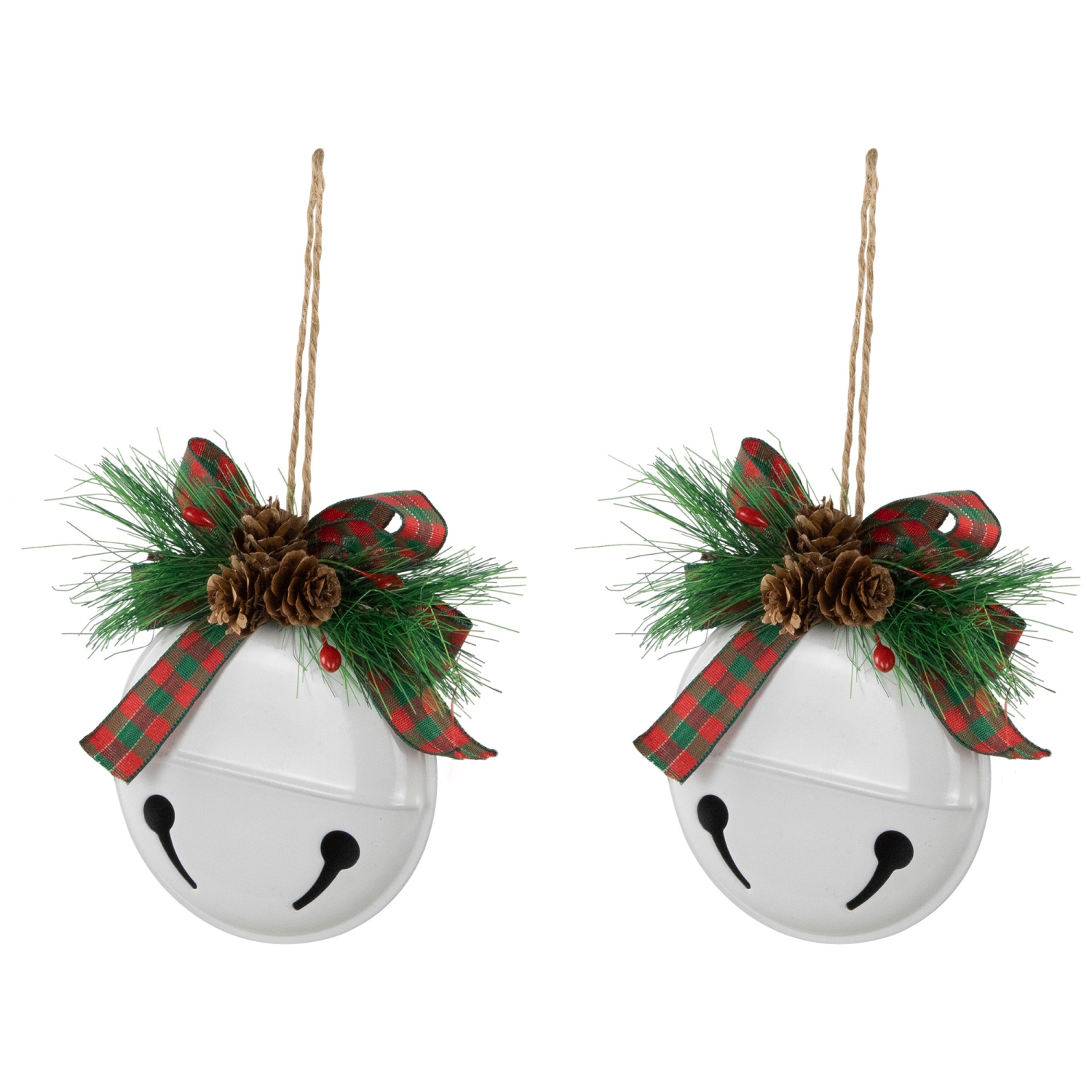 Jingle Bells with Pinecone Bows Disc Christmas Ornaments - 5" - White - Set of 2