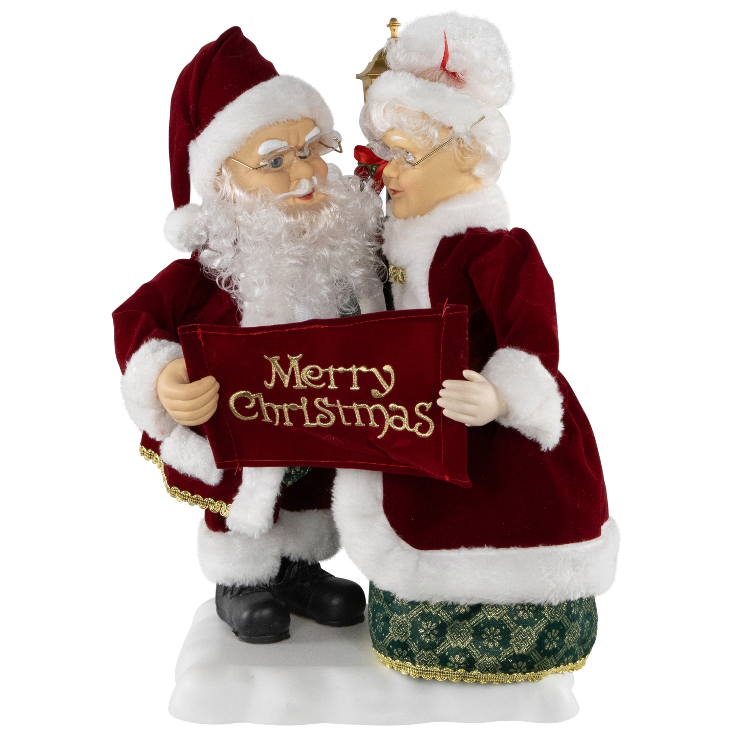 Animated and Musical Mr. and Mrs. Claus Figures with Lighted Lamppost and "Merry Christmas" Sign - 18"