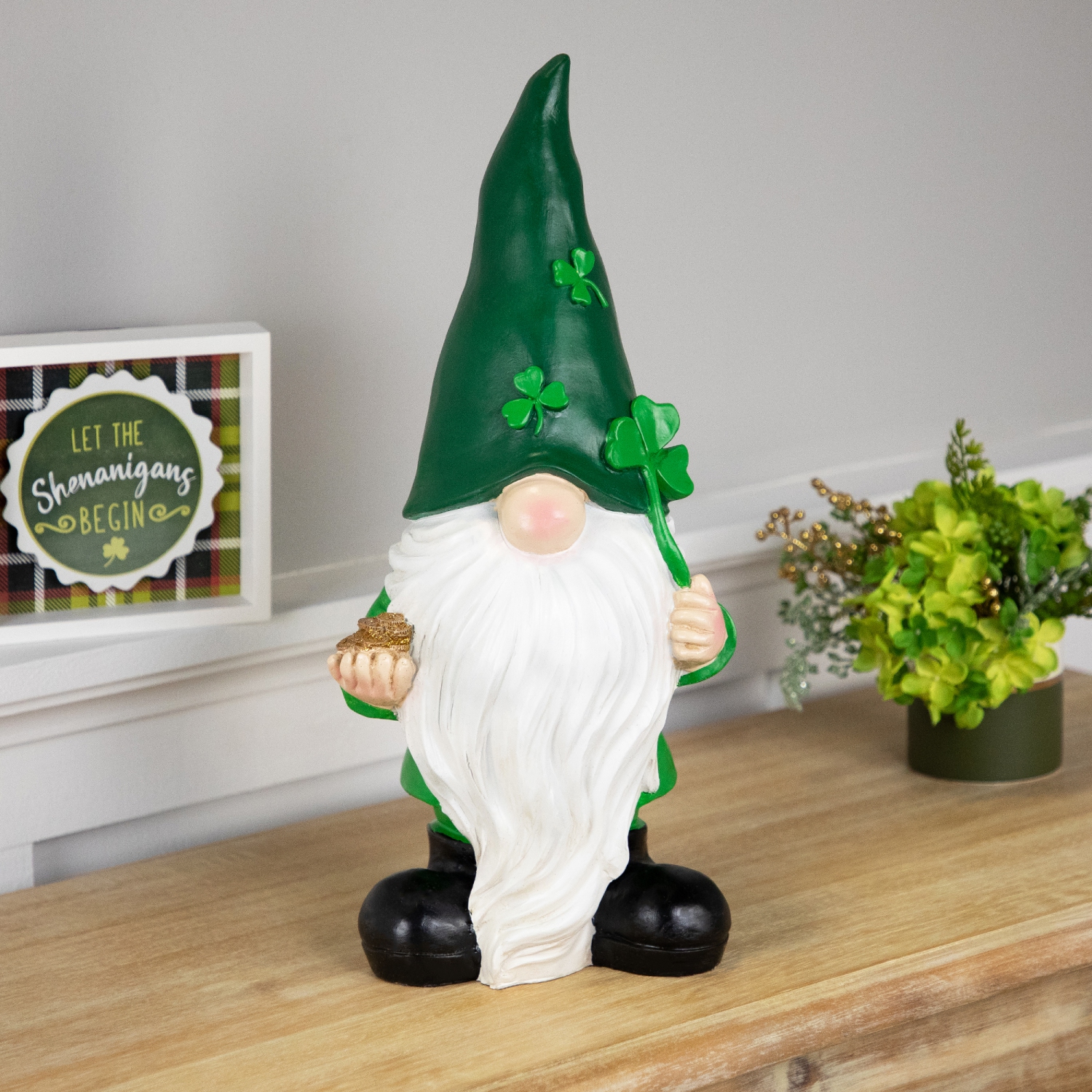 St. Patrick's Day Shamrock Gnome Outdoor Garden Statue - 16.25"