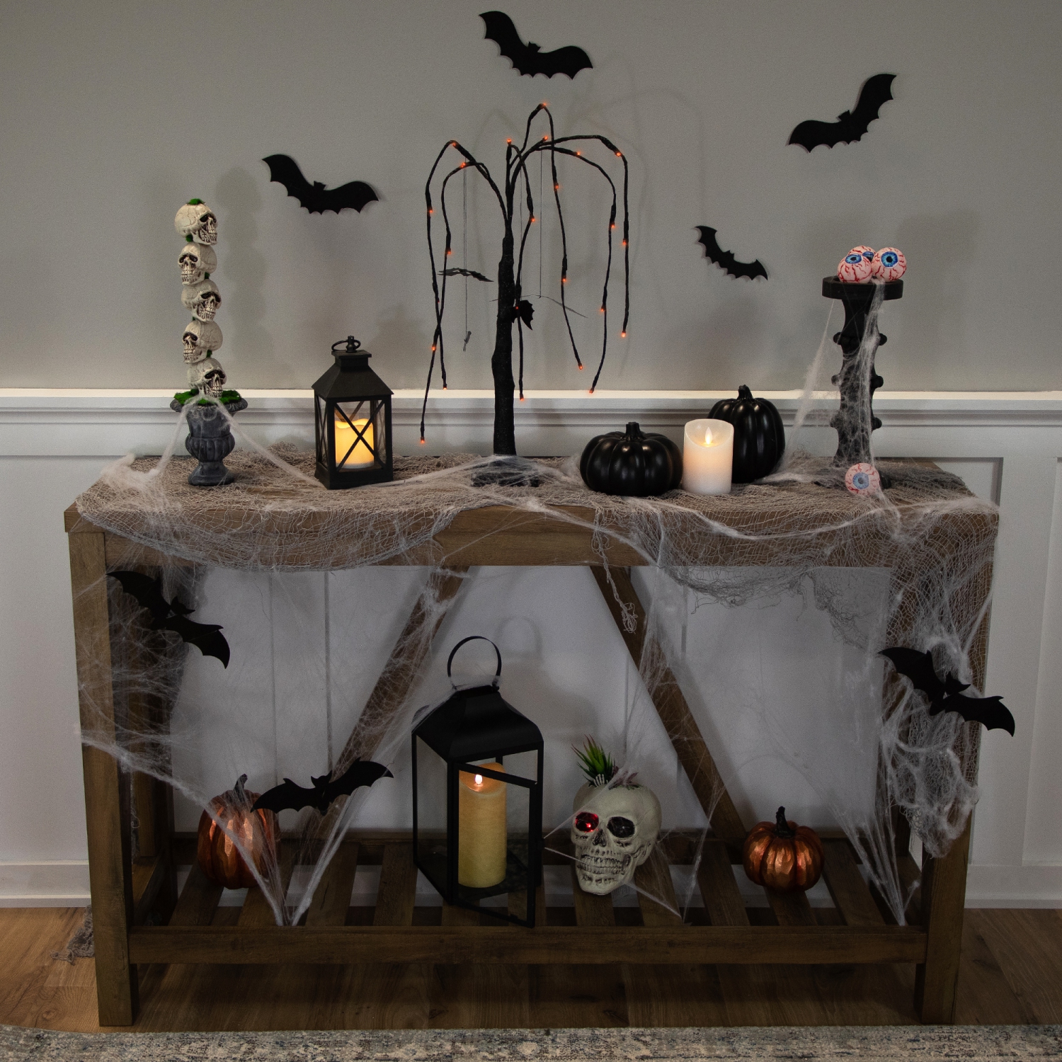 LED Lighted Glittered Halloween Willow Tree with Bats - 24" - Orange Lights