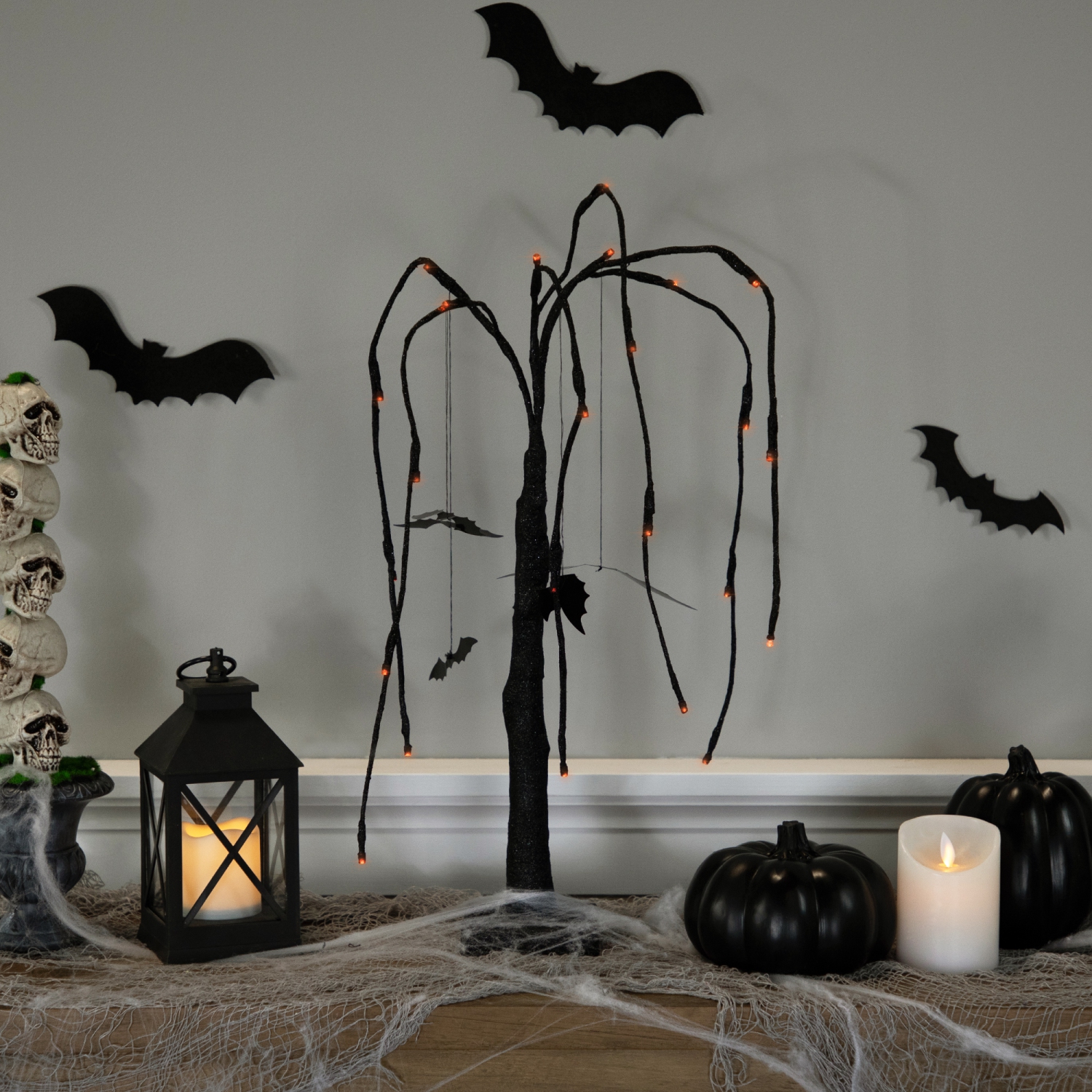 LED Lighted Glittered Halloween Willow Tree with Bats - 24" - Orange Lights