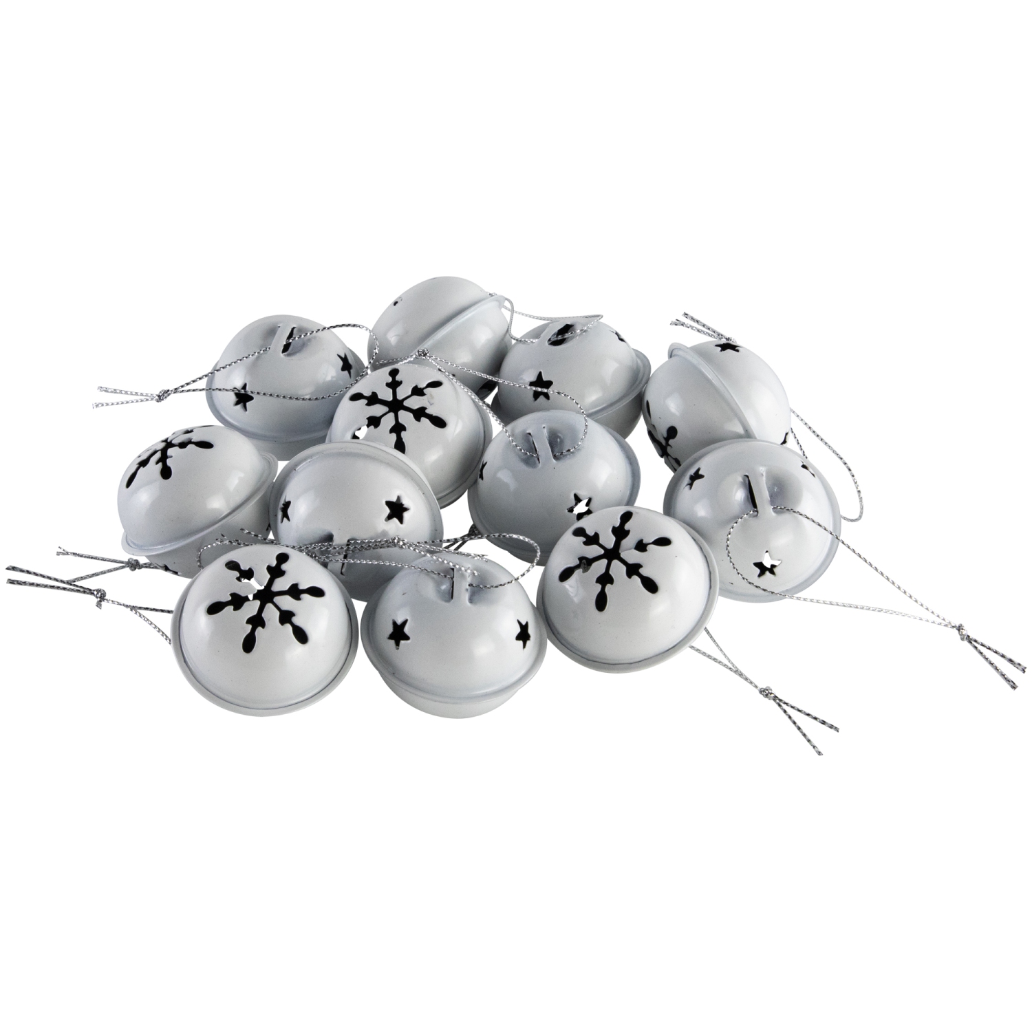 Stars and Snowflakes Christmas Jingle Bell Ornaments - 1.5" - White - 12ct