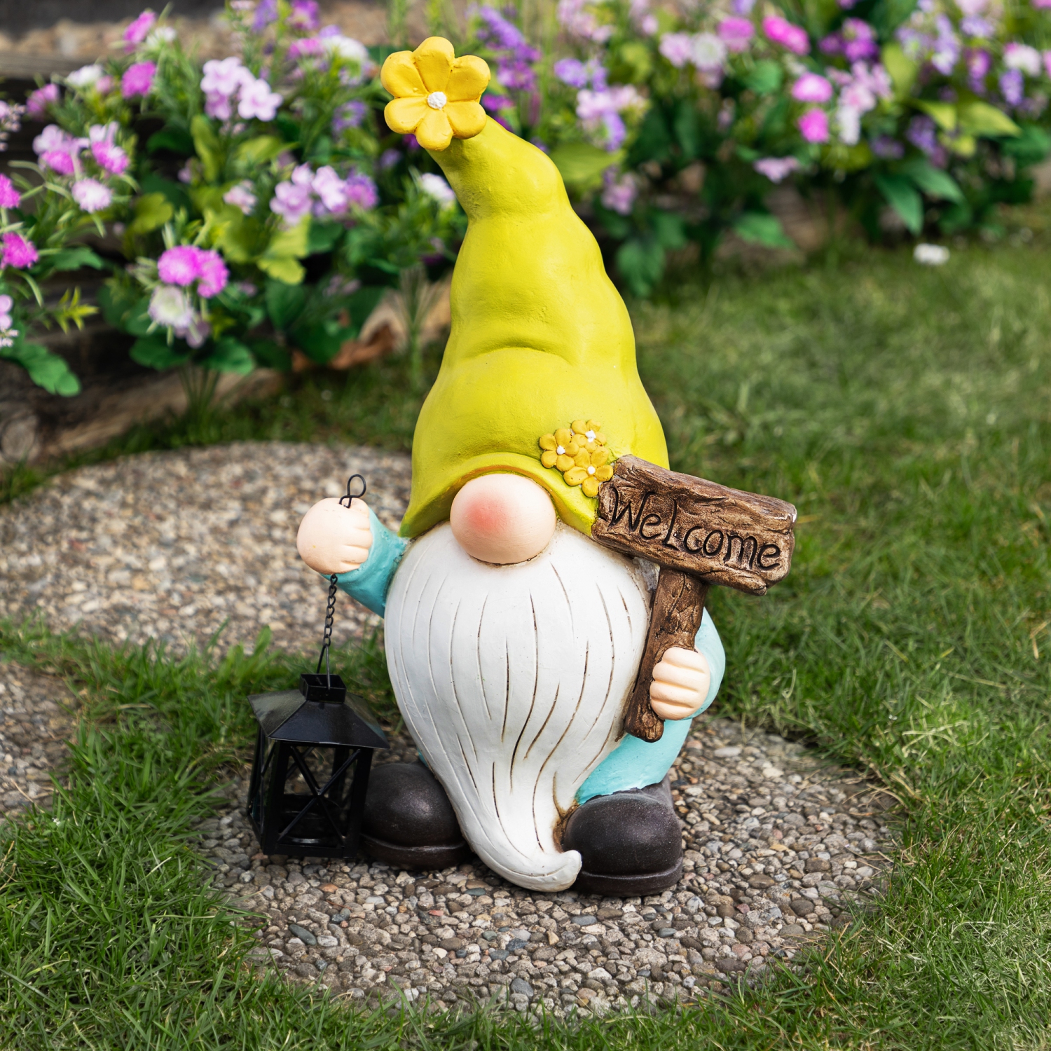 Statue de jardin en forme de gnome avec lanterne d'extérieur, 17,75 po