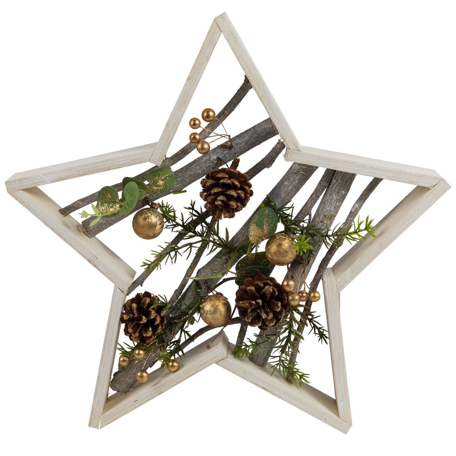 Pinecones and Berries Star Shaped Wooden Christmas Decoration - 14.5"