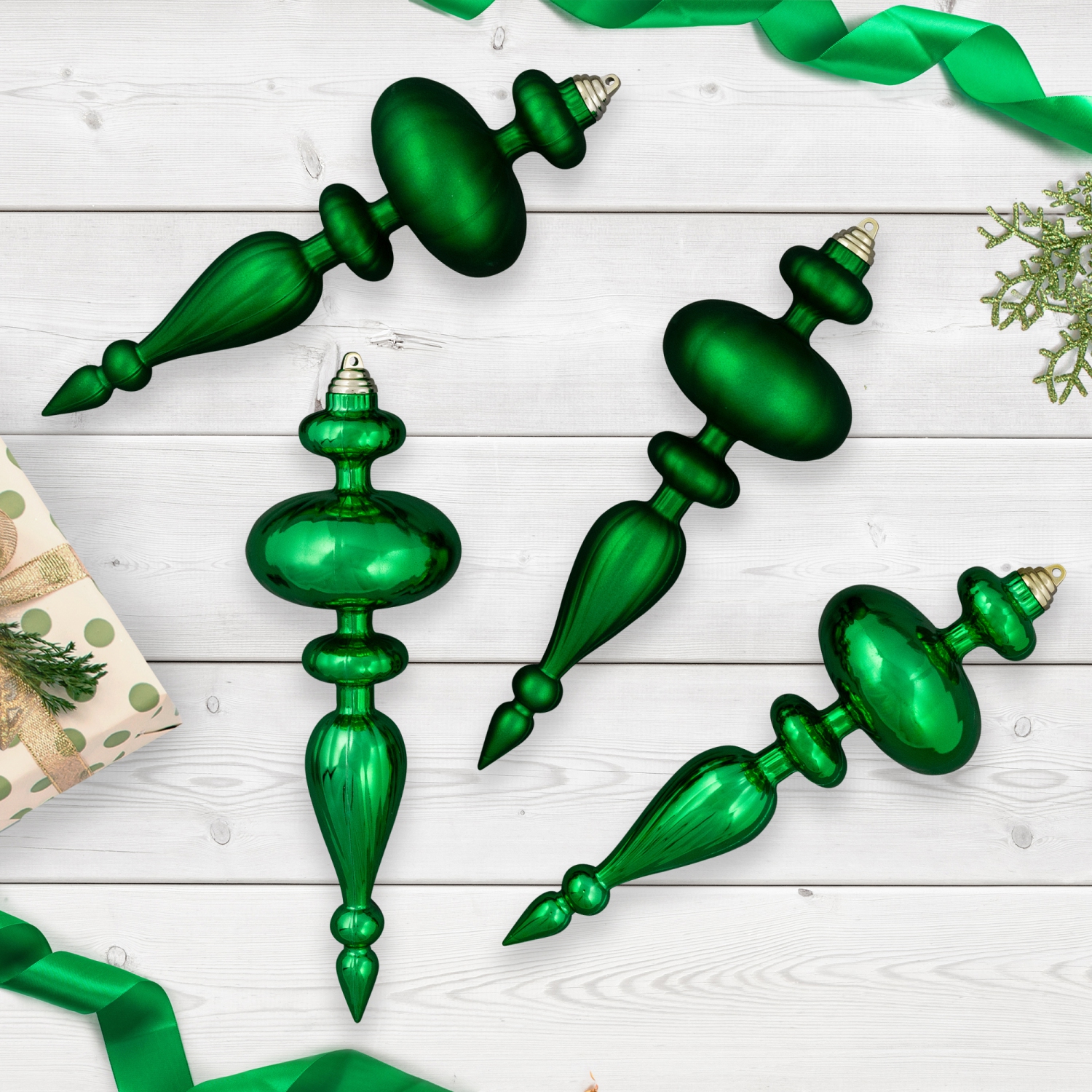 Shatterproof Commercial Size Finial Christmas Ornaments - 14" - Green - Set of 4