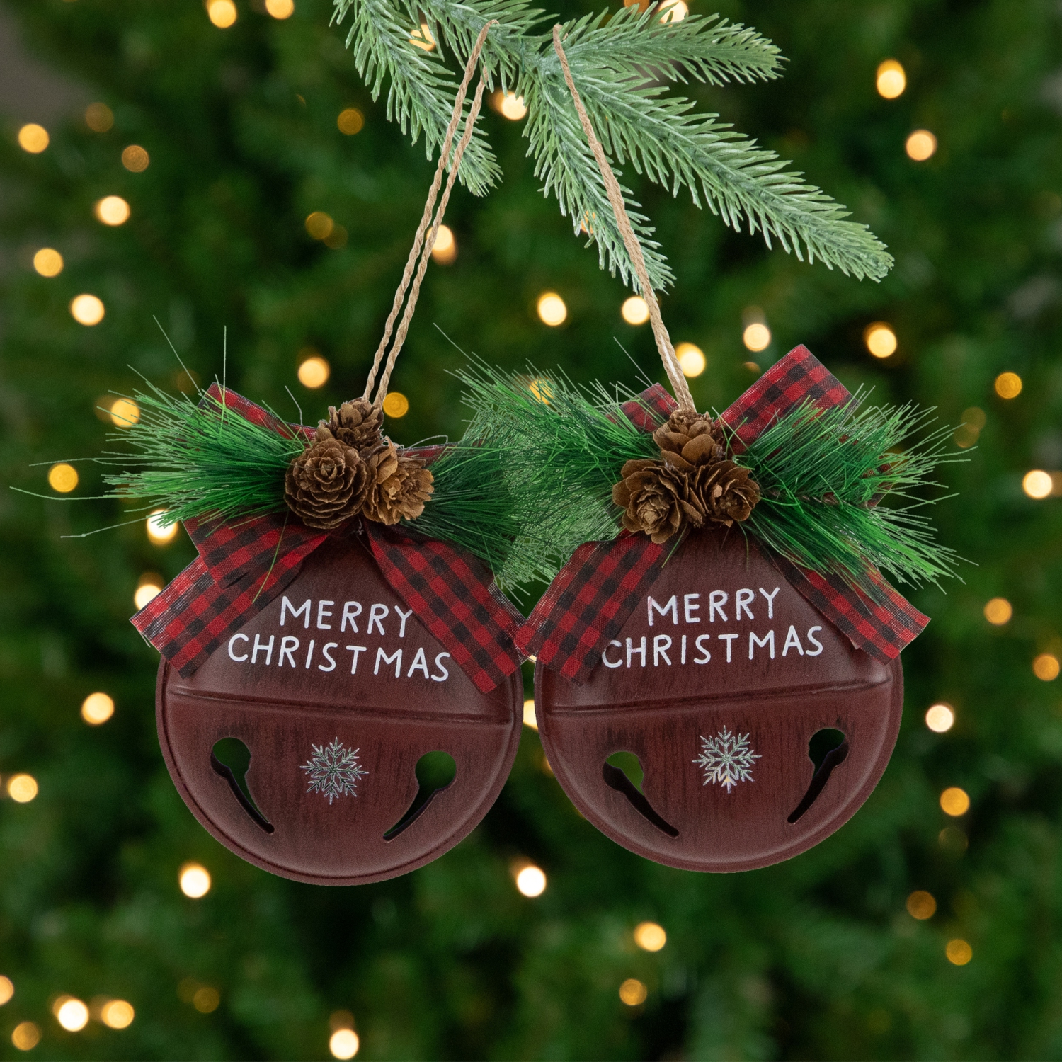 Jingle Bell "Merry Christmas" Disc Christmas Ornaments - 5" - Burgundy - Set of 2