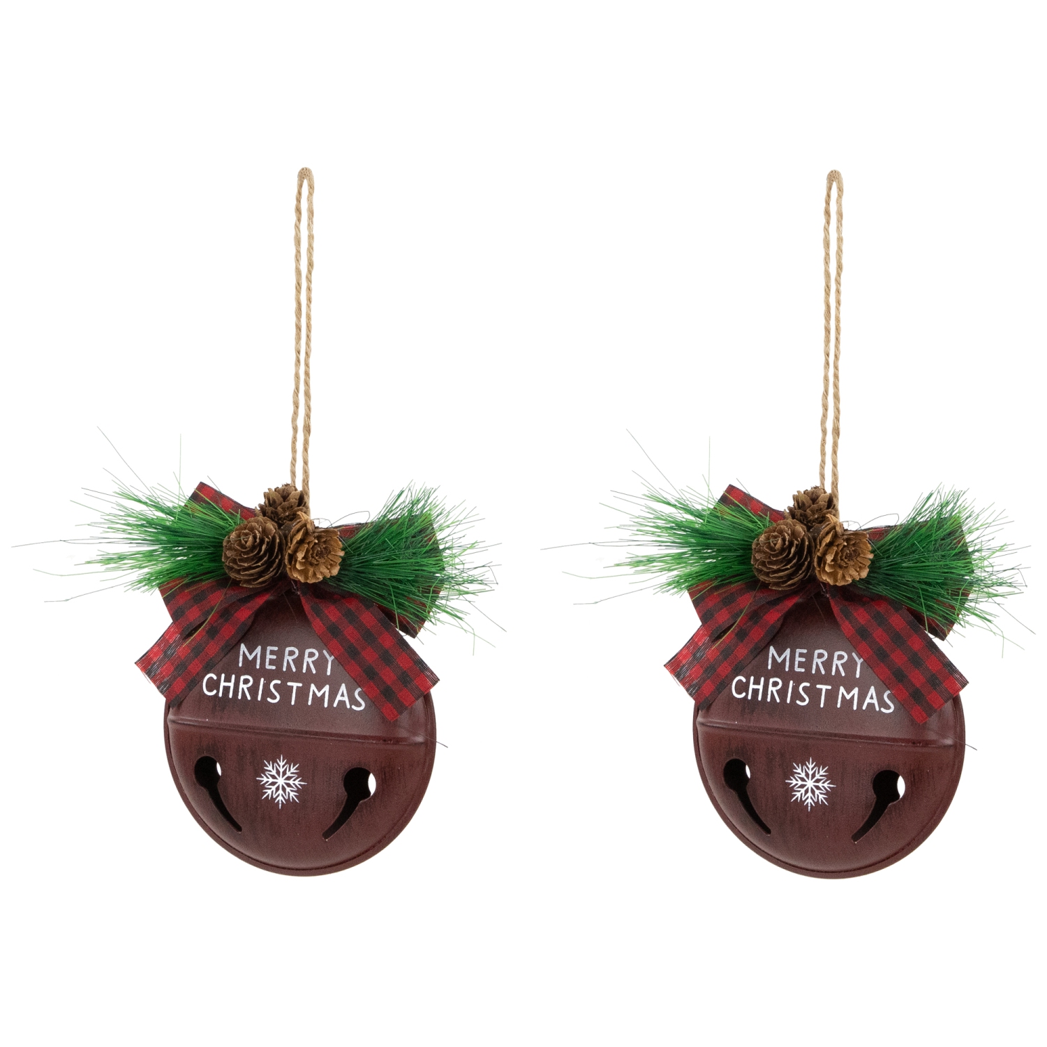 Jingle Bell "Merry Christmas" Disc Christmas Ornaments - 5" - Burgundy - Set of 2